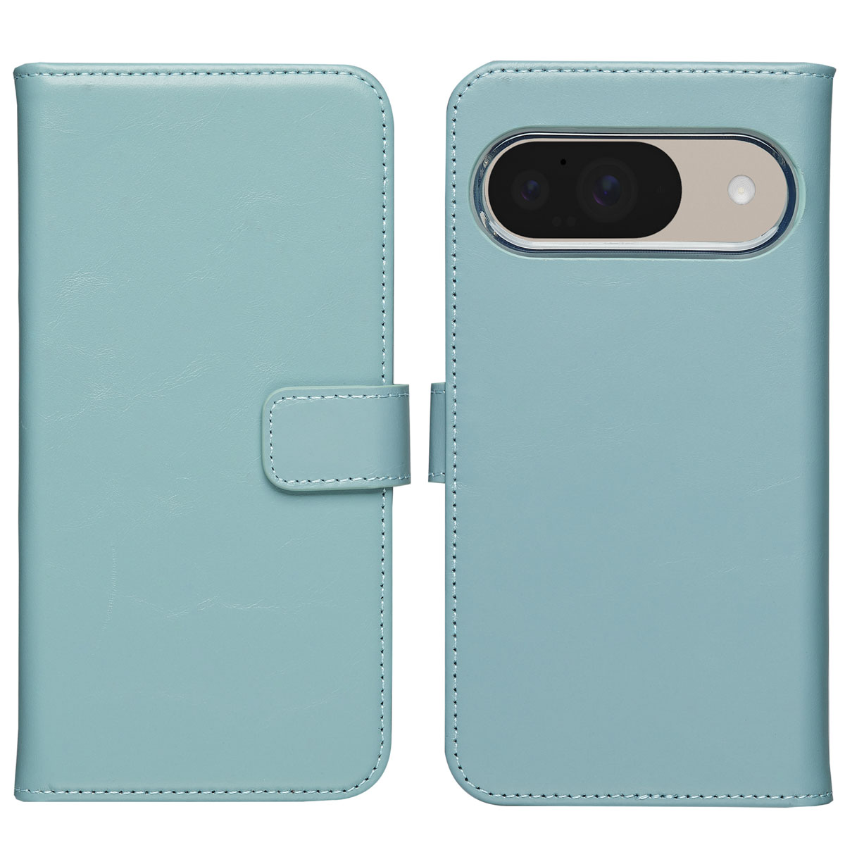 Een lichtblauwe telefoonhoes, open, die de telefoon en de binnendetails laat zien, met een kaartsleuf.