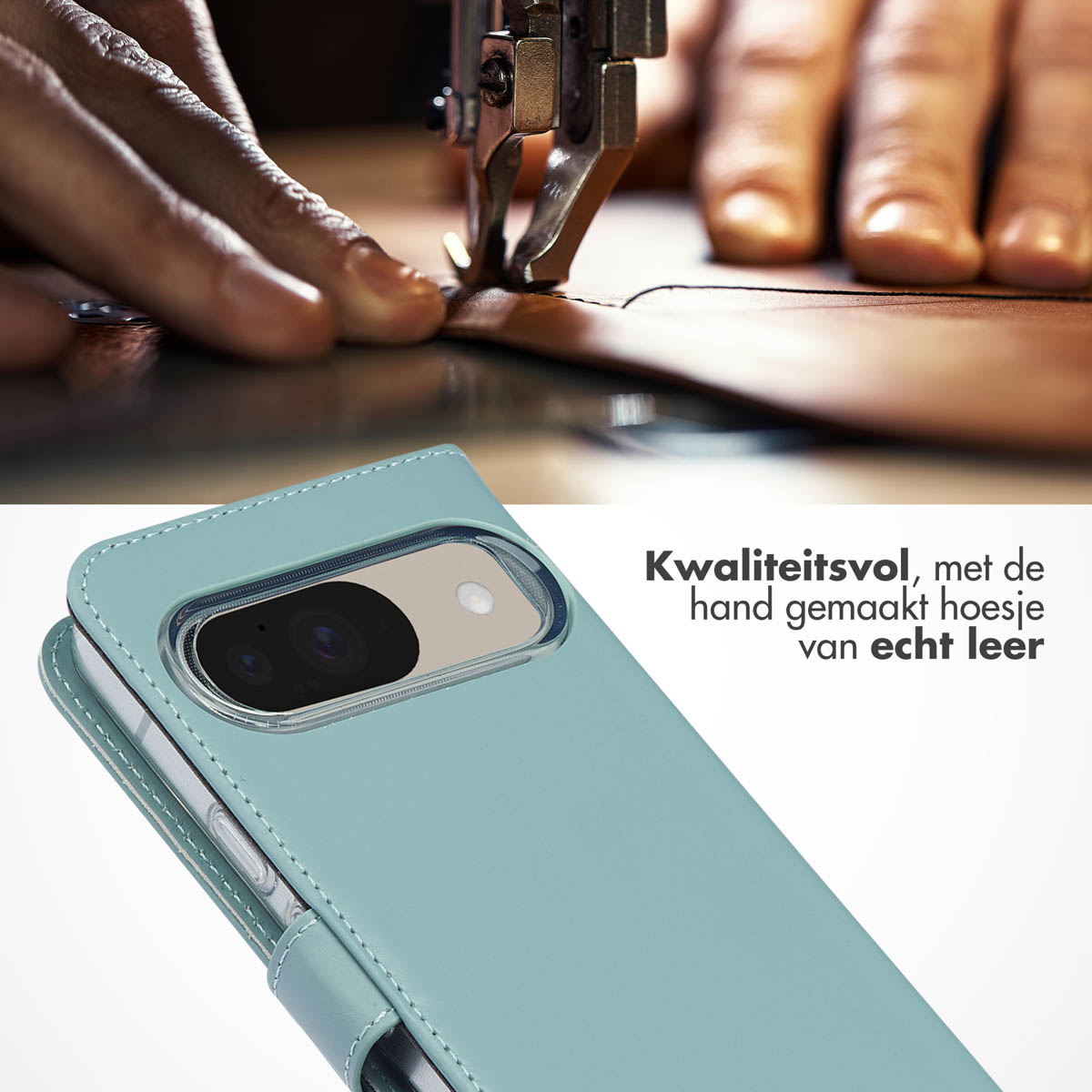Een hand die leer naait, een telefoonhoesje met de telefoon erin, en de tekst zegt: Kwaliteit handgemaakt, echt leer.