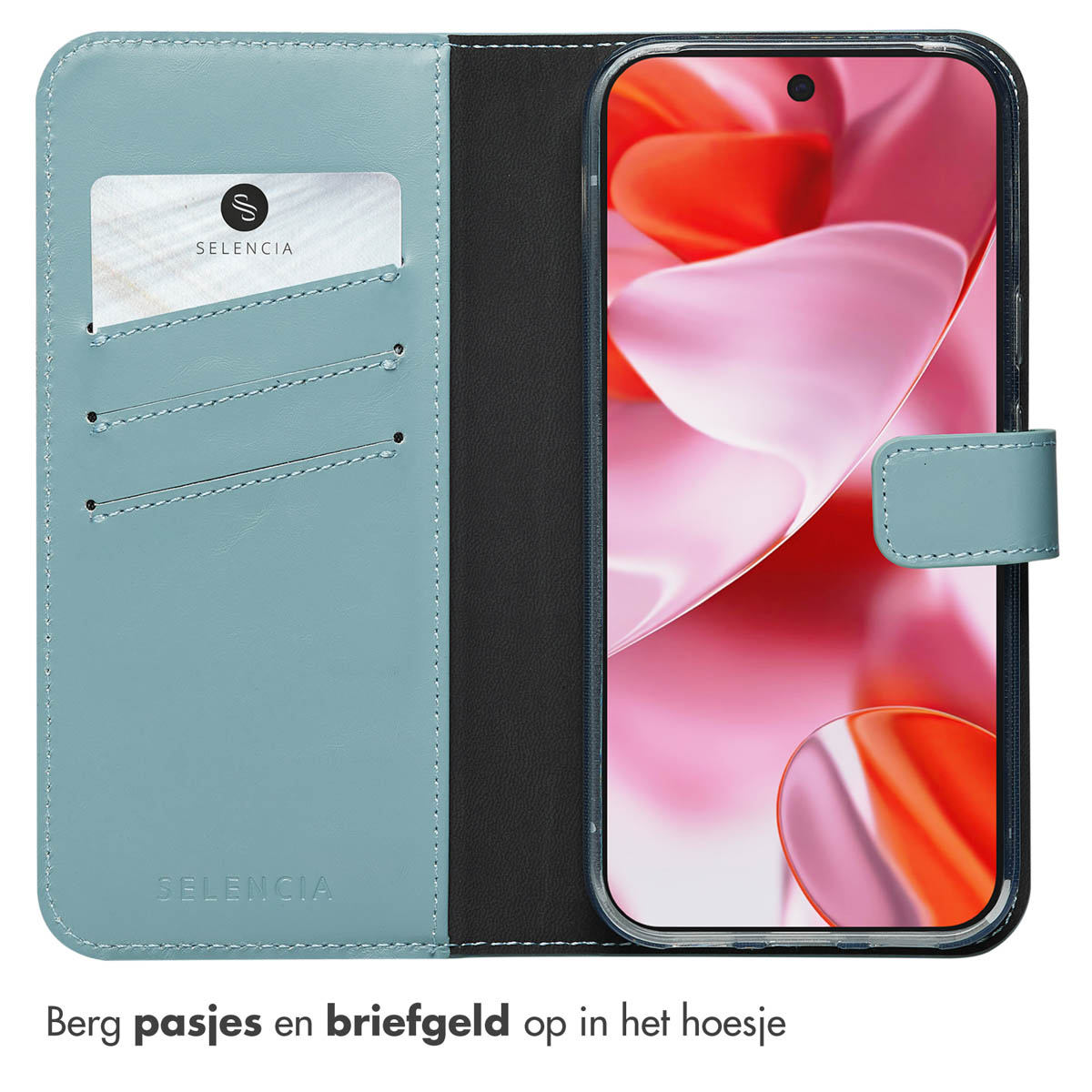 Lichtblauwe telefoonhoes, open, met een telefoon met een kaart en het Selencia-logo. Tekst: Kaarten en geld bewaren.