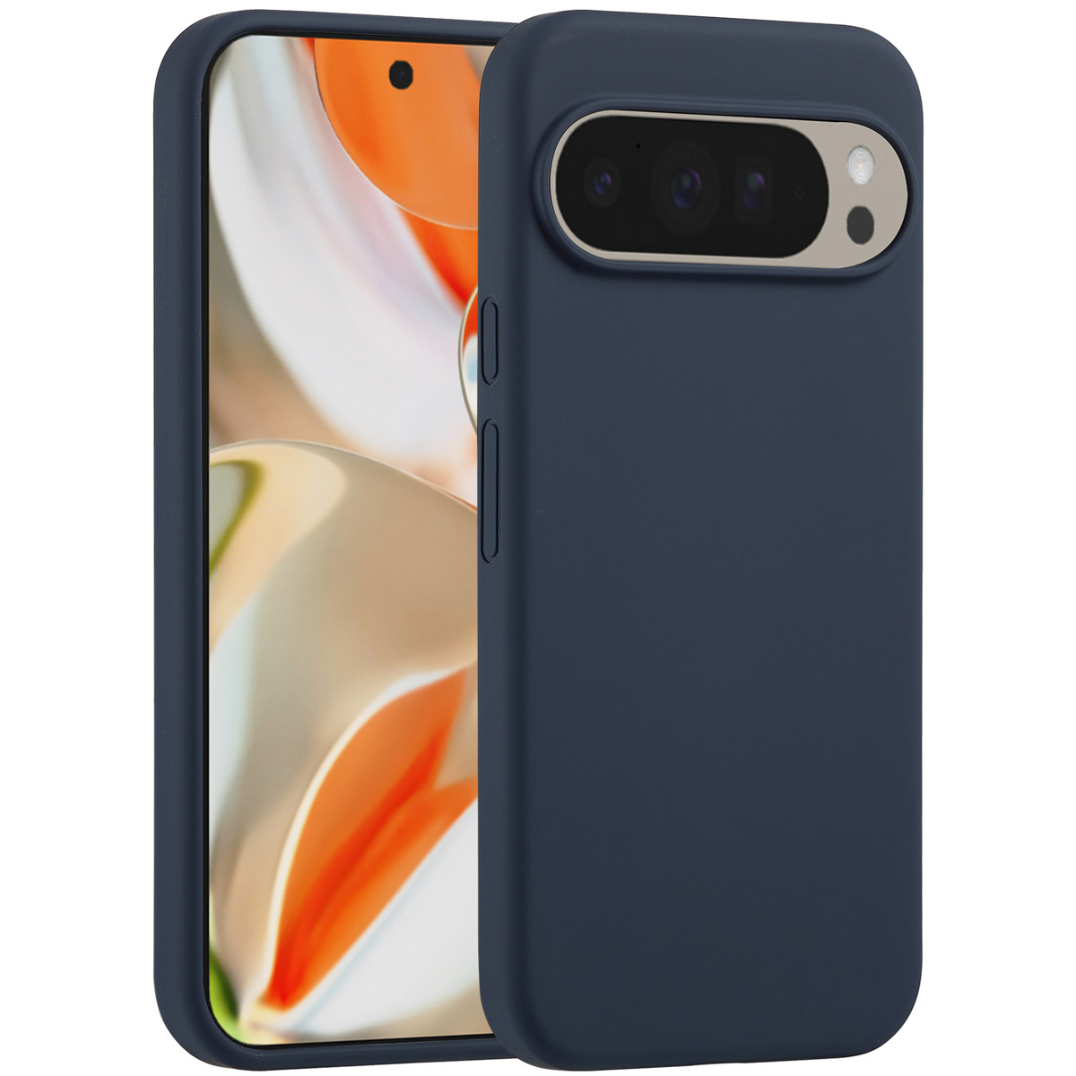 Een marineblauwe telefoonhoes. De telefoon zit erin. De hoes heeft knoppen en een camera.