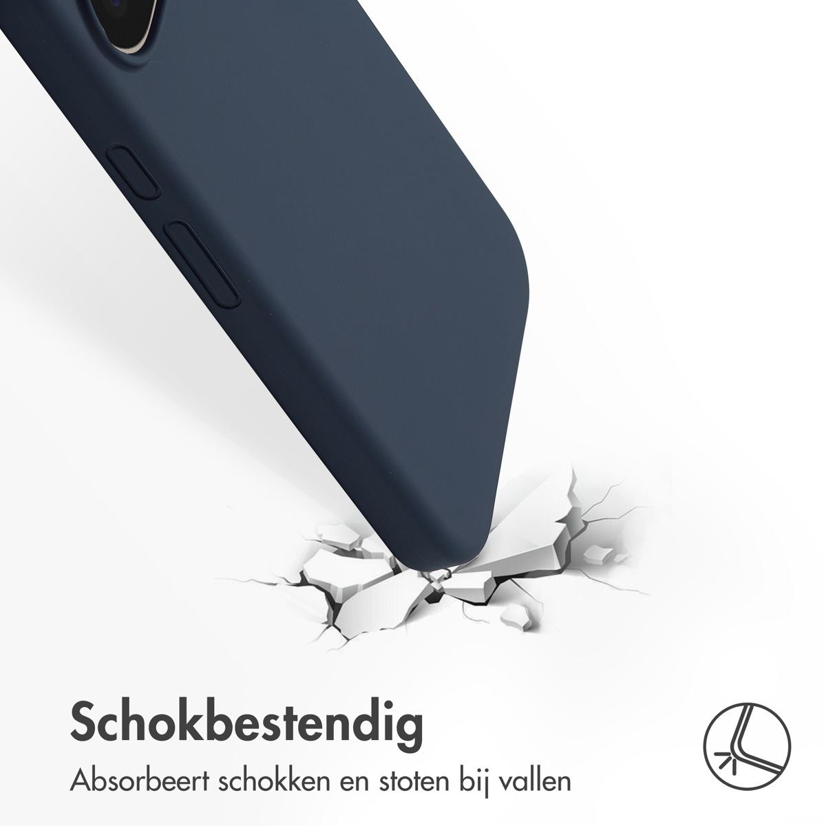 Een marineblauwe telefoonhoes op een wit oppervlak, met scheuren. Tekst: Schokbestendig.