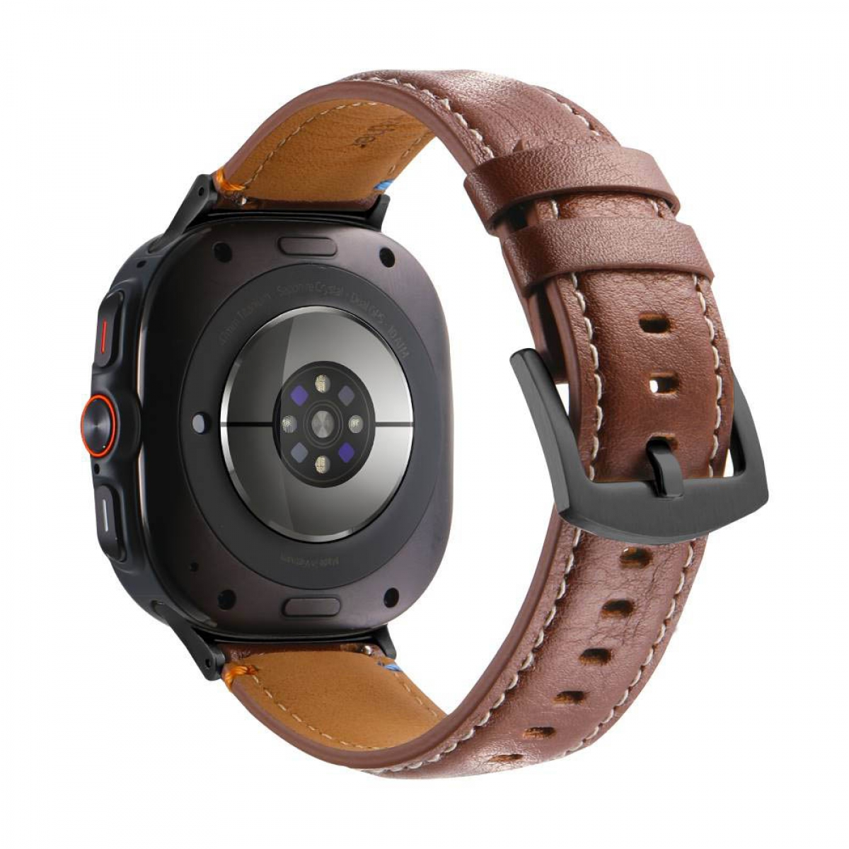 Eine schwarze Smartwatch mit einem braunen Lederarmband wird auf einem weißen Hintergrund gezeigt.