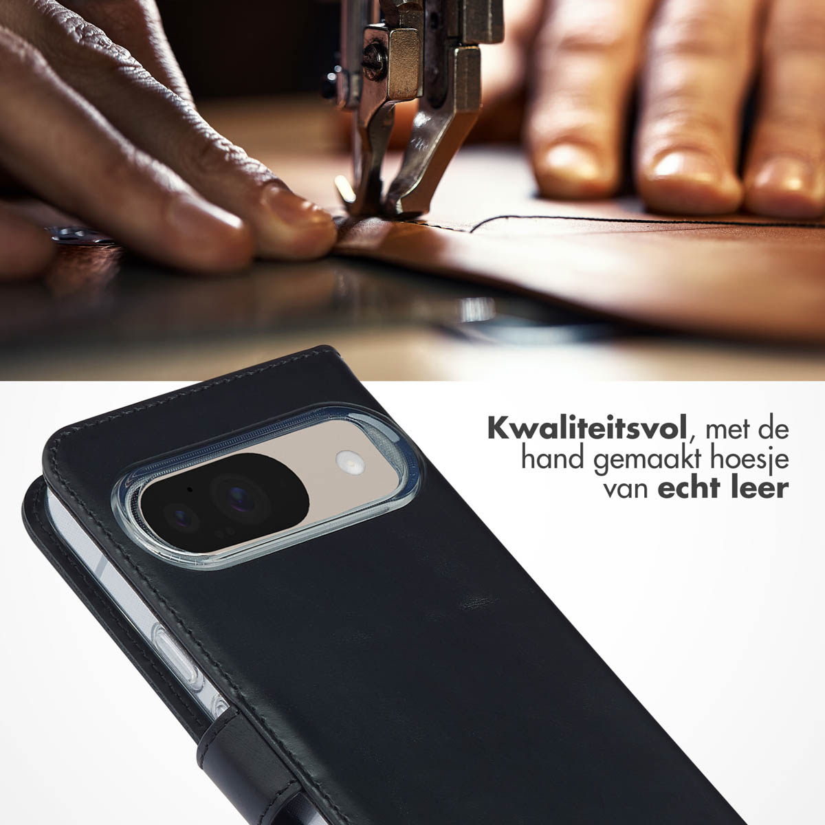 Een zwarte lederen portemonnee telefoonhoes is gedeeltelijk te zien met een naaimachine op de achtergrond.