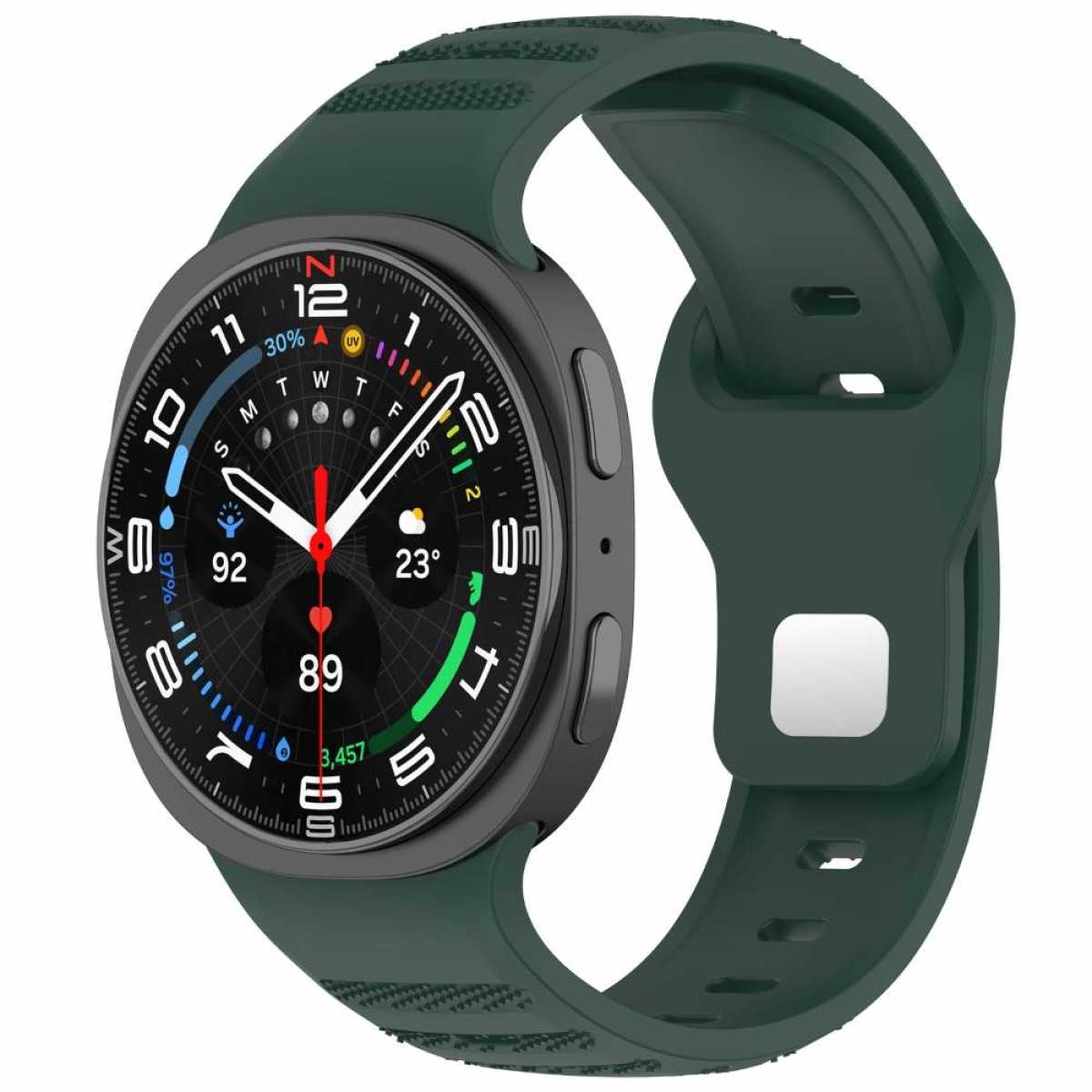 Grüne Smartwatch mit dunklem Display, das Zeit und Daten anzeigt, und passendem grünen Armband.