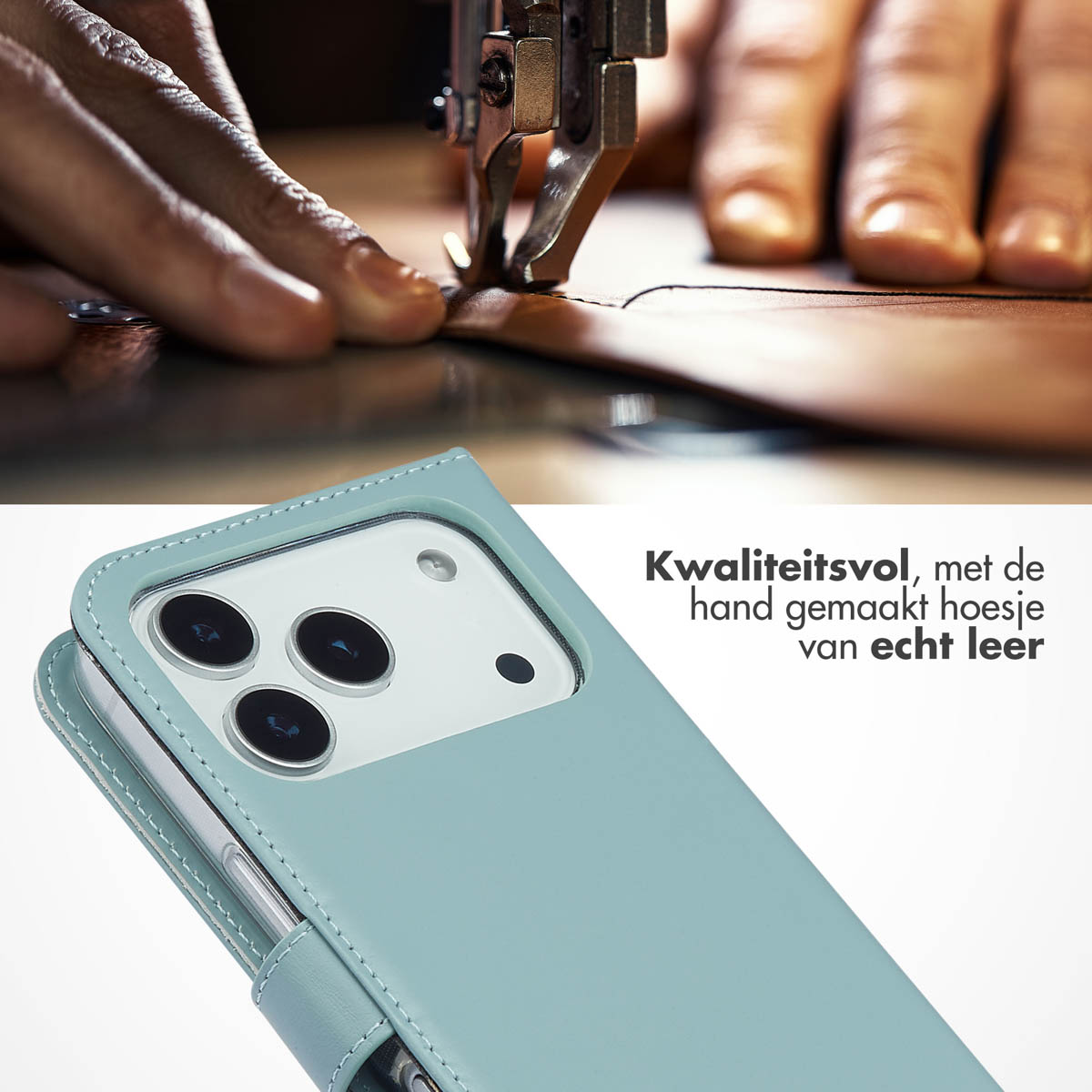 Een lichtblauwe portemonnee telefoonhoes is gedeeltelijk te zien met een naaimachine op de achtergrond.