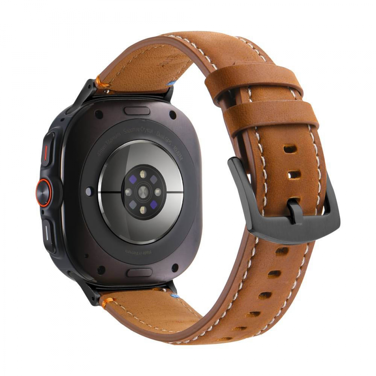 Rückansicht einer braunen Leder-Smartwatch mit schwarzer Schnalle und schwarzem Uhrengehäuse.