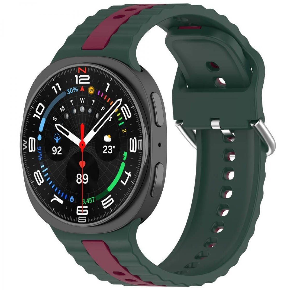 Smartwatch mit grünem Armband und roten Akzenten. Das Zifferblatt zeigt Daten und eine Uhrzeit an.