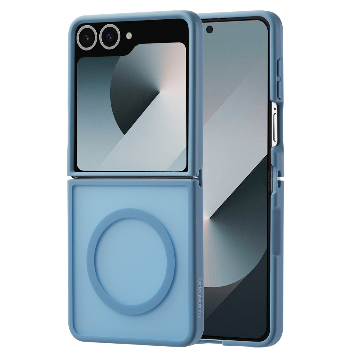 Coque de téléphone bleue, avant et arrière, couvrant un téléphone plié. Comprend deux caméras.
