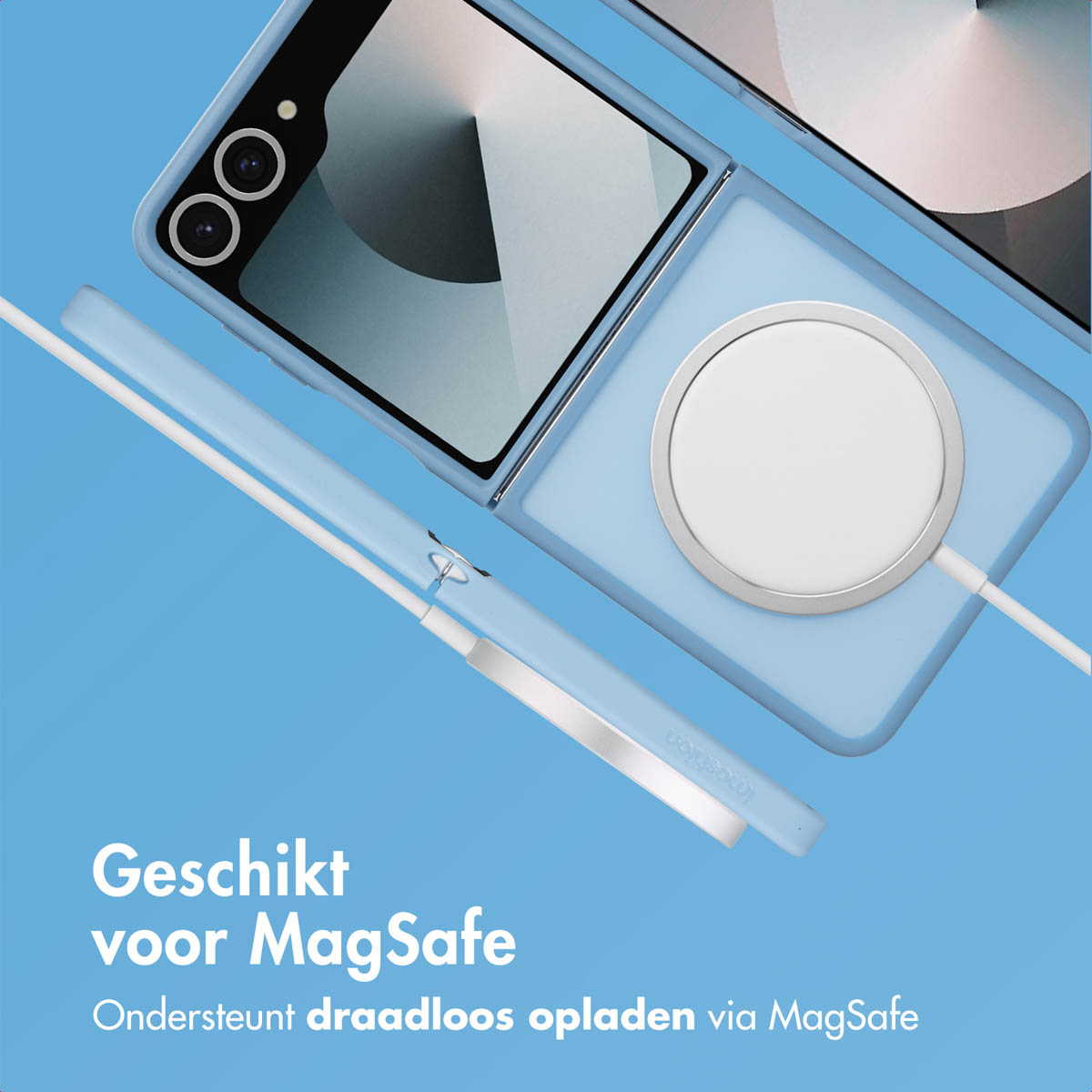 Coque de téléphone bleue avec un cercle blanc, un téléphone et un câble de charge. Texte : Geschikt voor MagSafe.