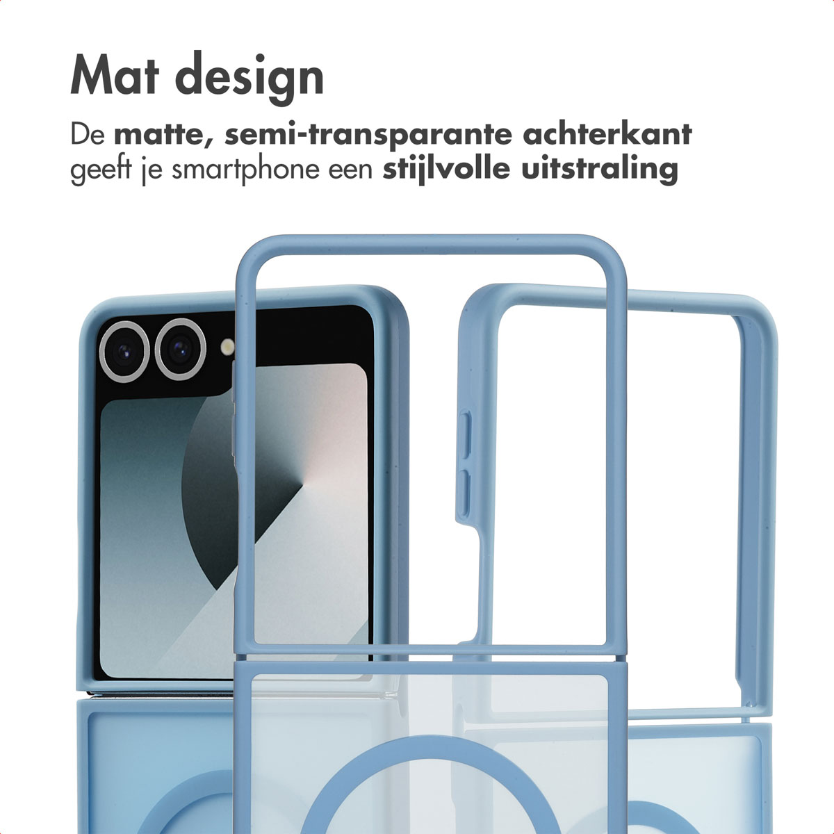 Coque de téléphone bleue, ouverte et fermée, avec un téléphone à l'intérieur. Texte : Mat design.
