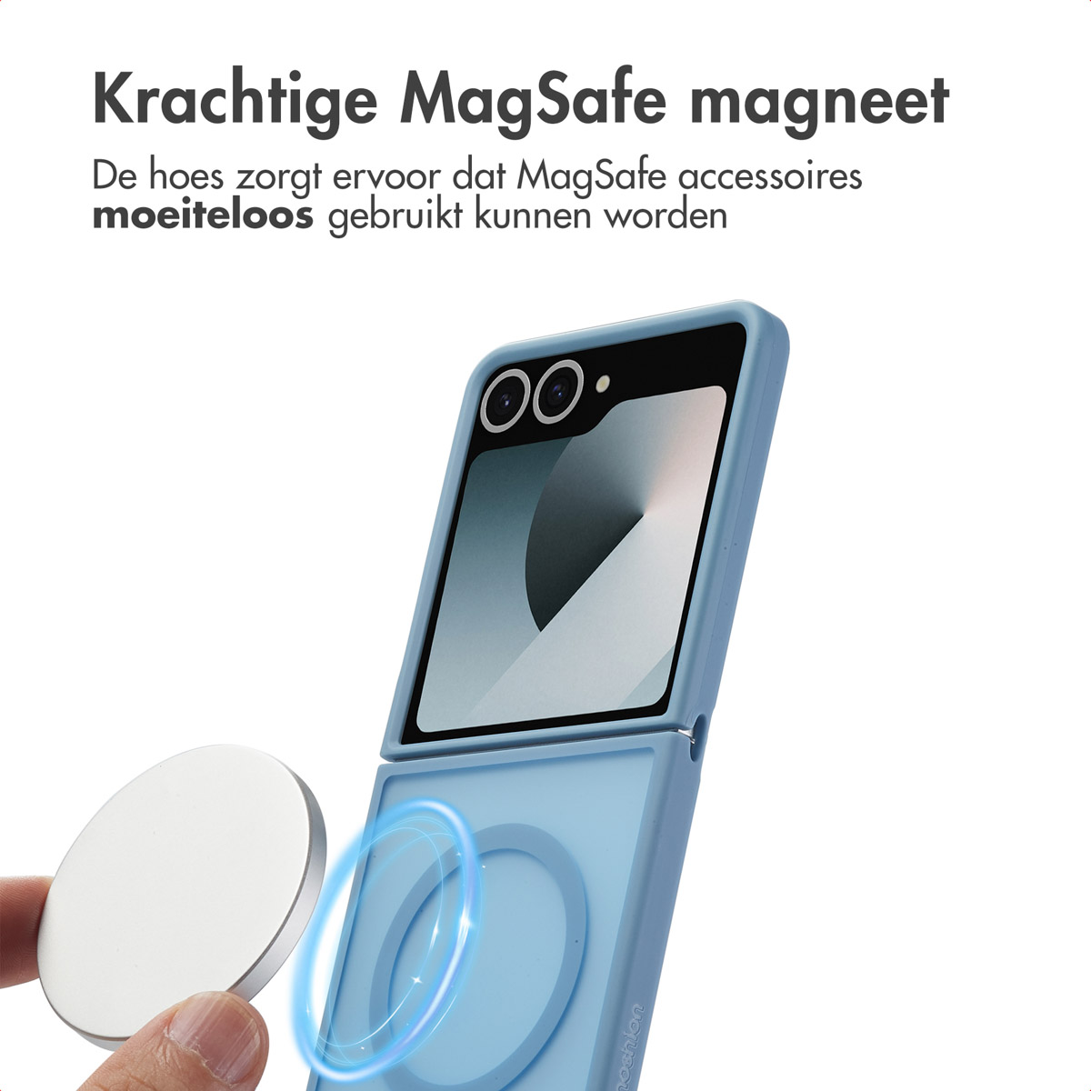 Main tenant un chargeur MagSafe près d'une coque avec un téléphone à l'intérieur. Texte : Krachtige MagSafe magneet.