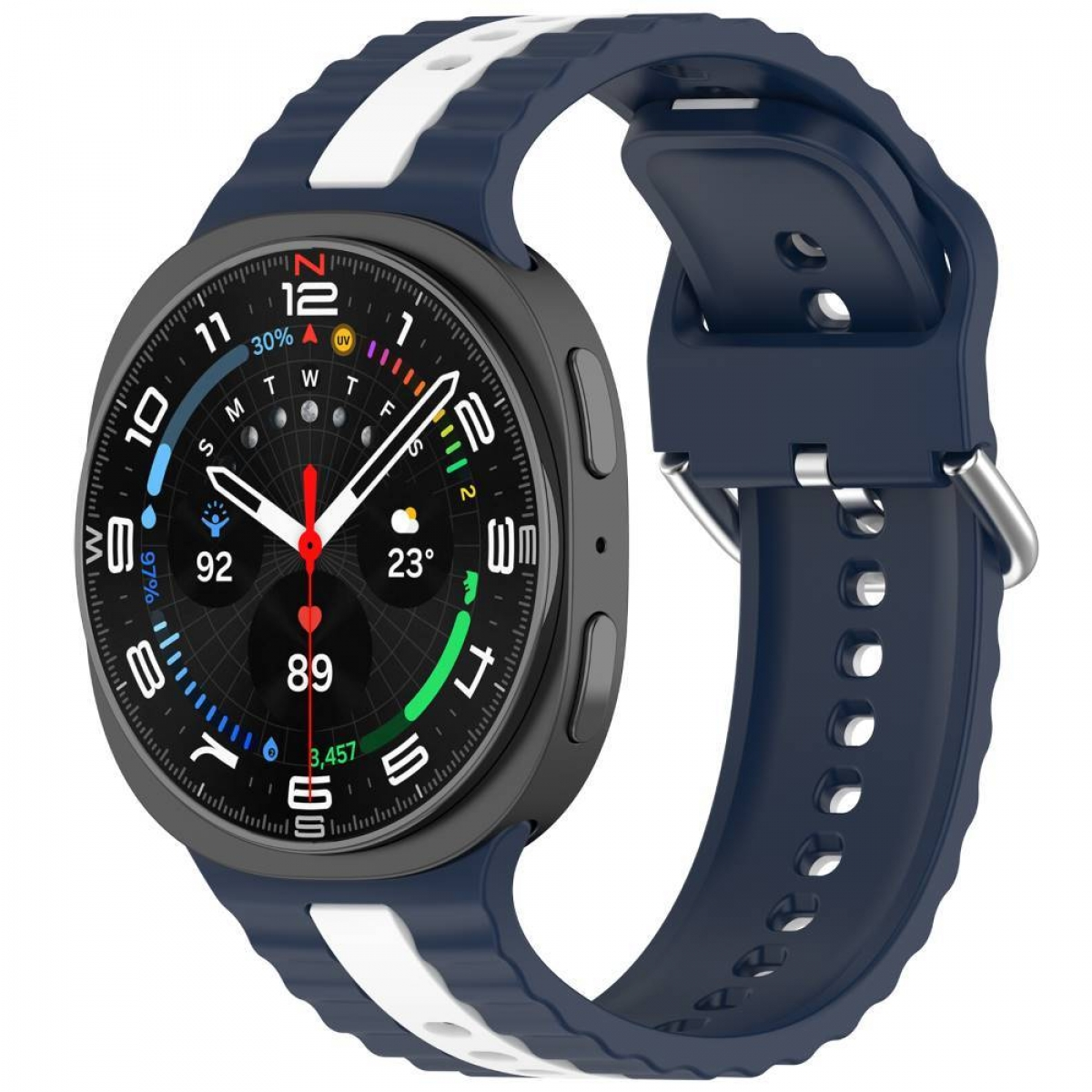 Smartwatch mit blau-weißem Armband. Das Zifferblatt zeigt Daten an.