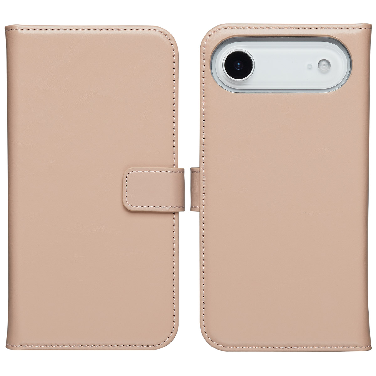 Roze telefoonhoes, open, met de achterkant van een telefoon zichtbaar. De hoes heeft een bandje.