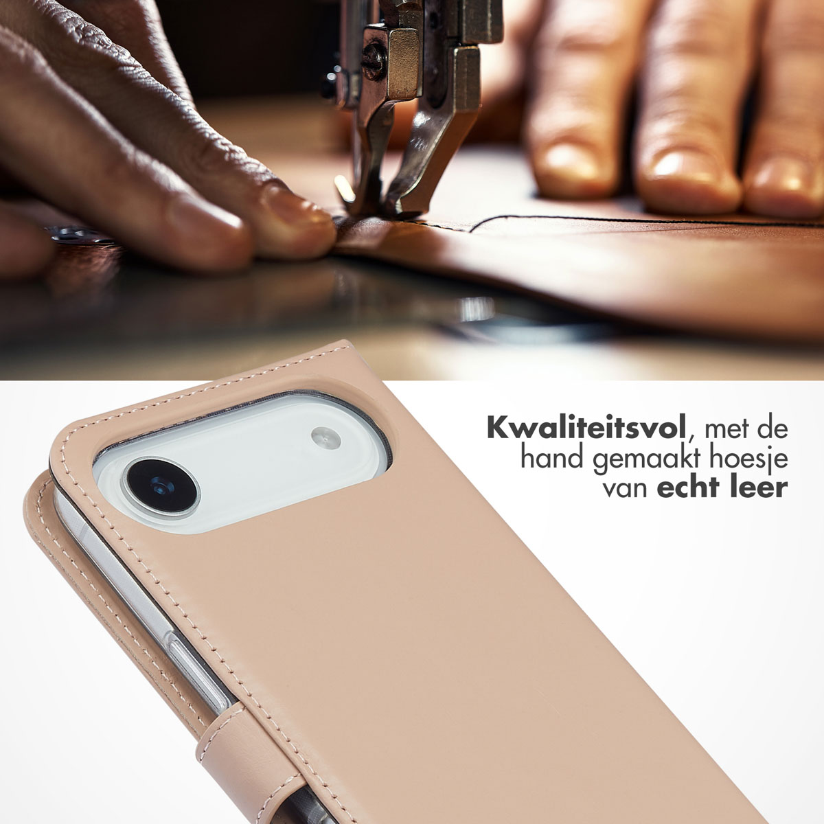 Een persoon die leer naait. Een telefoonhoesje staat op de voorgrond, met tekst in het Nederlands.