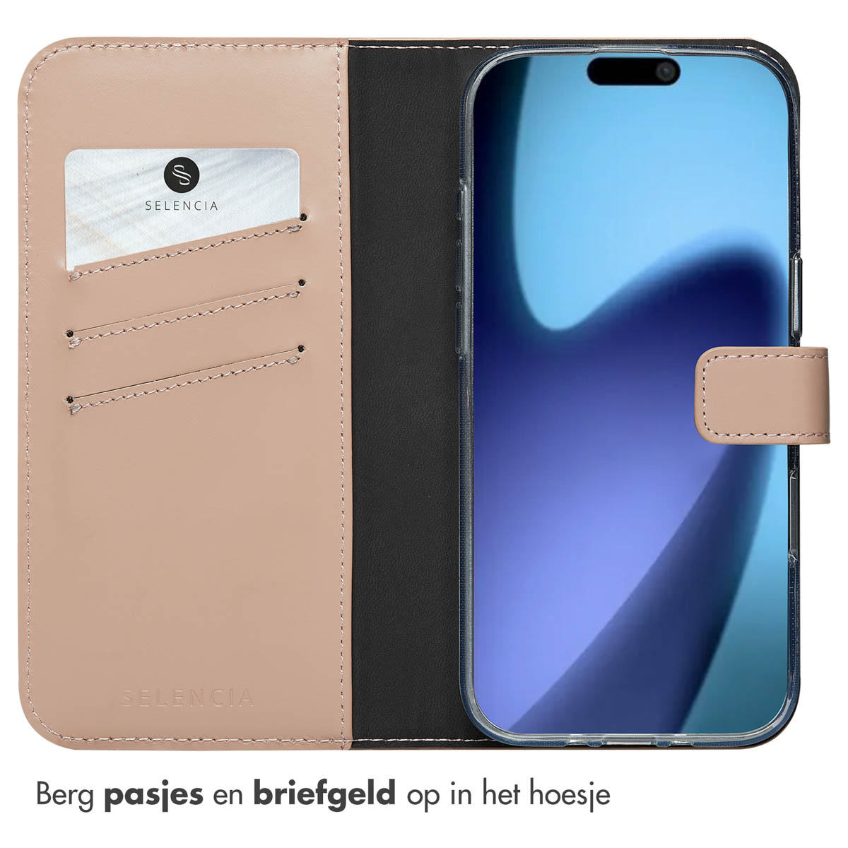 Telefoonhoesje met een telefoon erin. Er is ruimte voor kaarten. Tekst in het Nederlands.