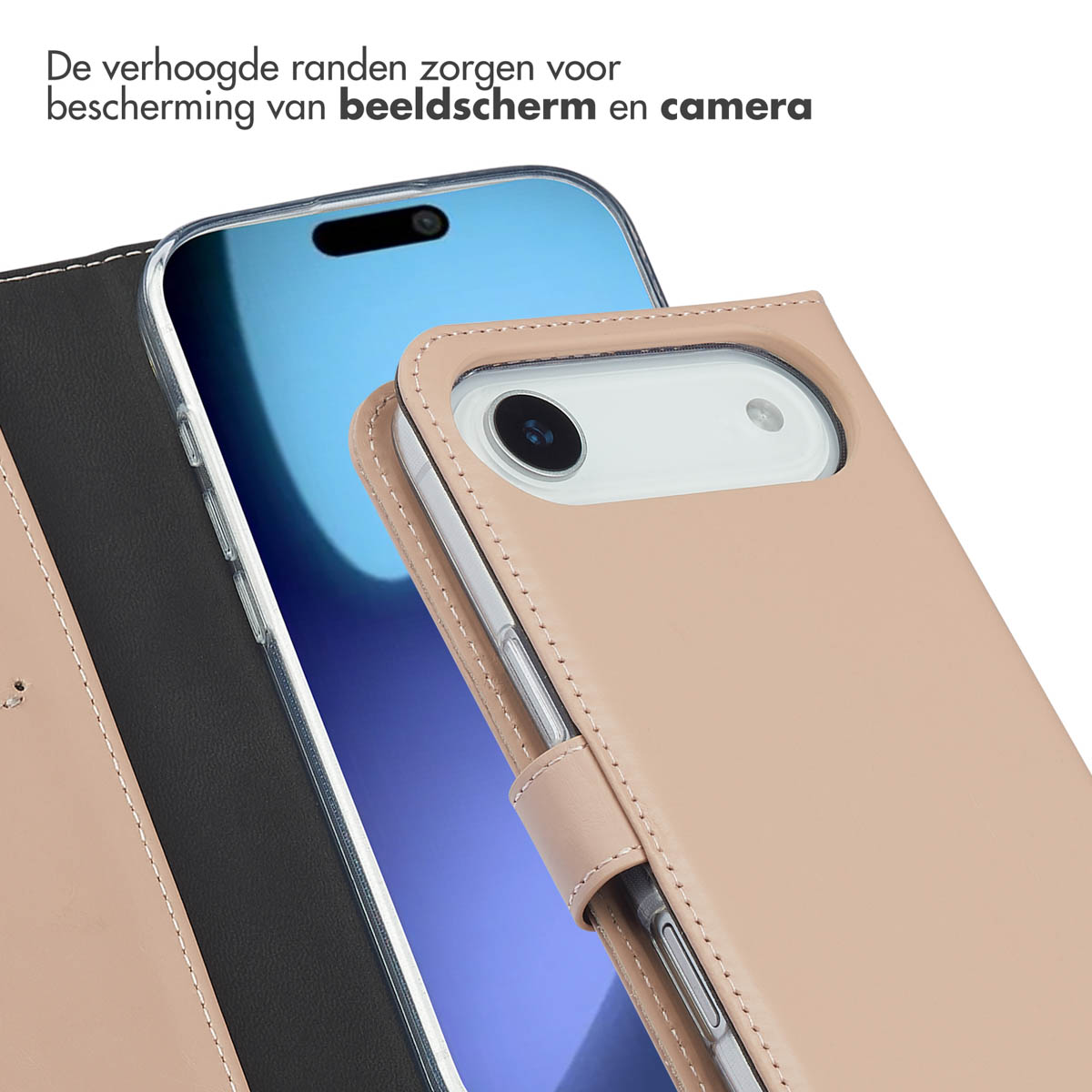 Telefoonhoesje met verhoogde randen, met een telefoon erin. Nederlandse tekst.