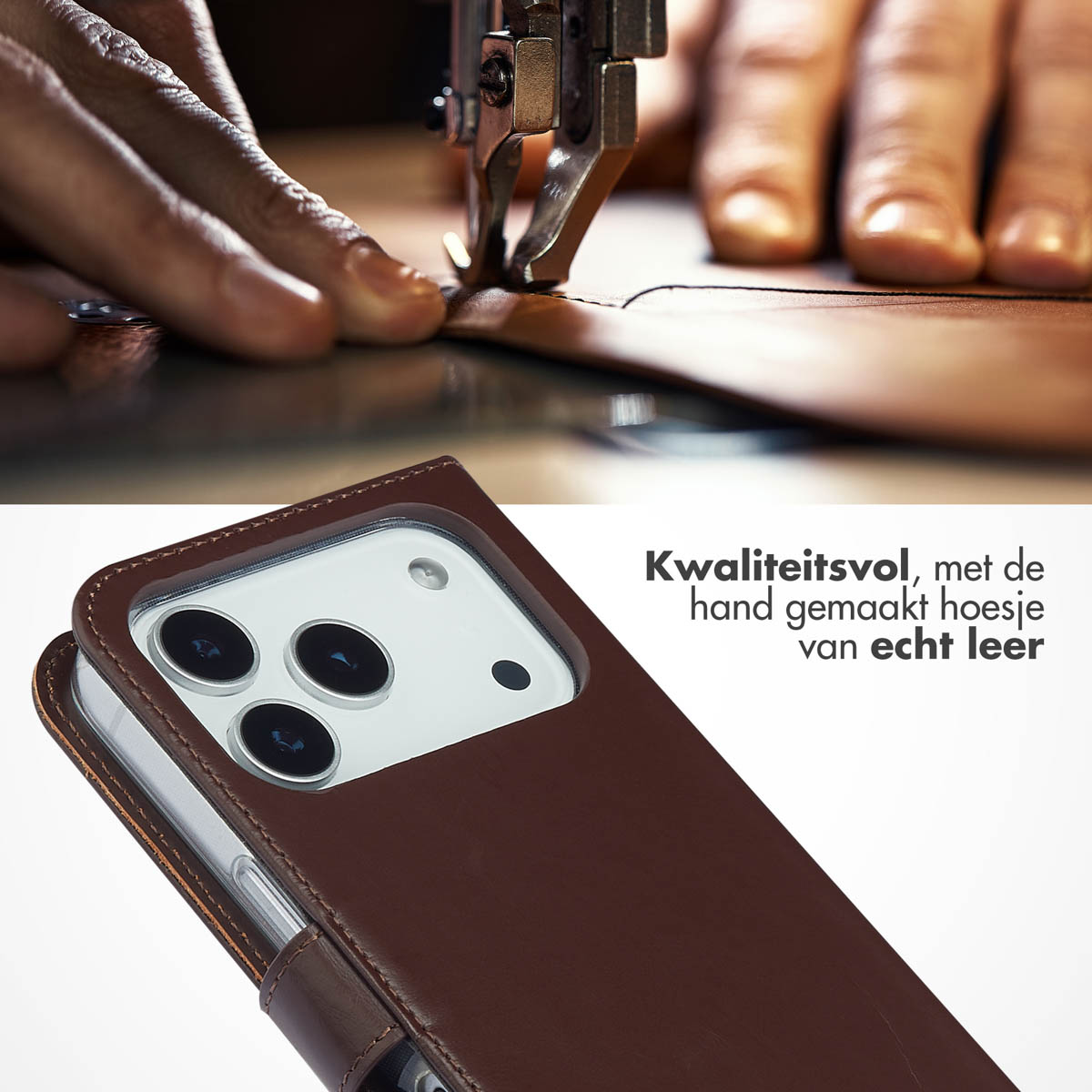 Een persoon die leer naait. Een bruin telefoonhoesje staat op de voorgrond, met tekst in het Nederlands.