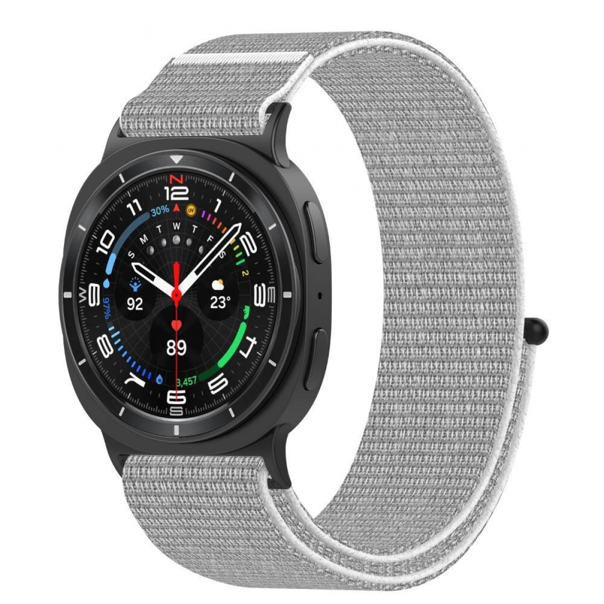 Eine Smartwatch mit grauem gewebtem Armband zeigt ein komplexes Zifferblatt auf weißem Hintergrund.