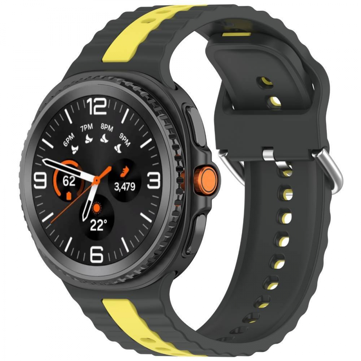 Eine Smartwatch mit schwarzem Gehäuse und einem schwarz/gelben Armband. Zeigt Zeit und Statistiken an.