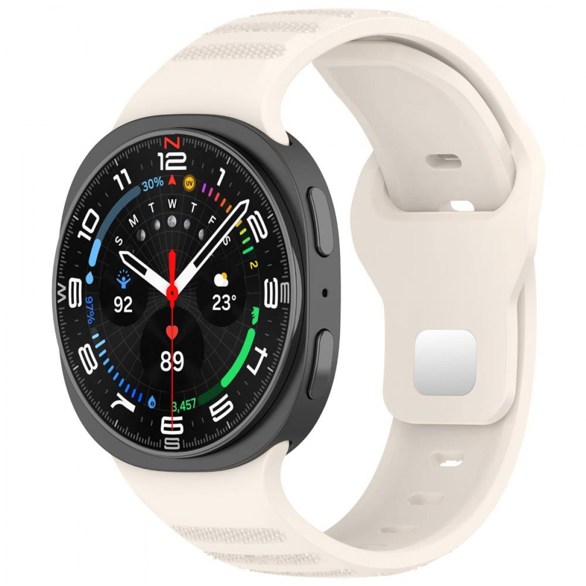 Eine Smartwatch zeigt ein detailliertes Zifferblatt mit einem weißen Sportarmband auf Weiß.