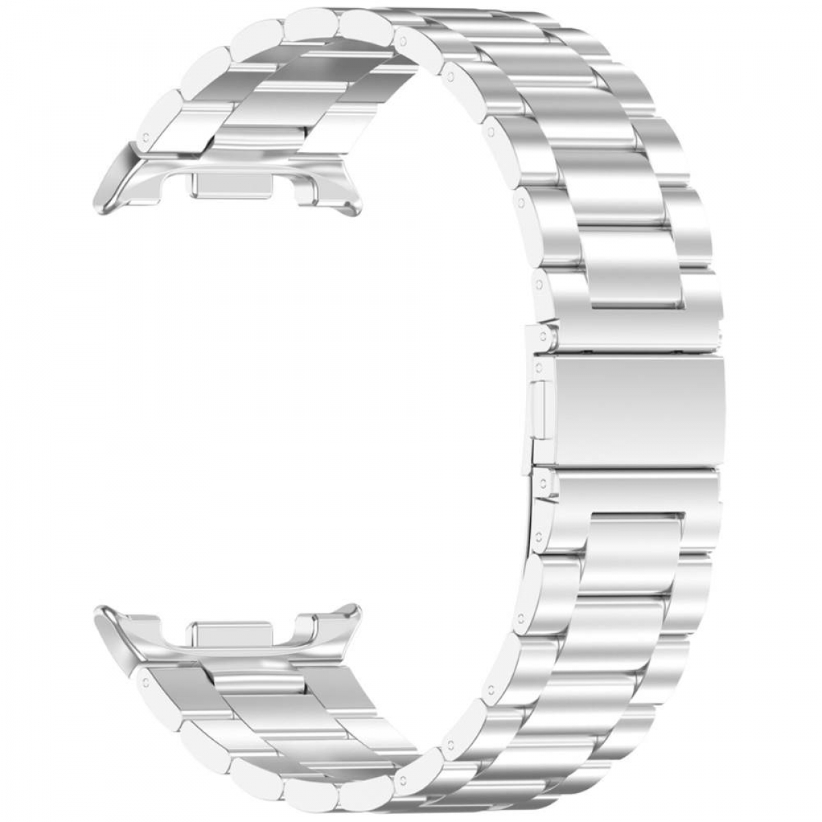 Ein gebogenes silbernes Metall-Uhrenarmband wird vor einem weißen Hintergrund präsentiert, wobei sein schlankes Design hervorgehoben wird.