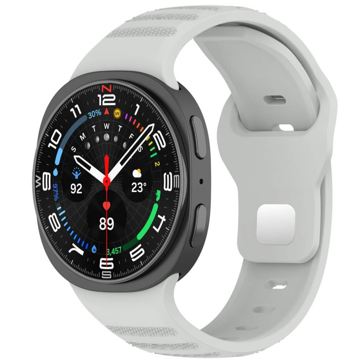 Eine Smartwatch mit schwarzem Gehäuse und weißem Armband. Zeigt Zeit und Statistiken an.