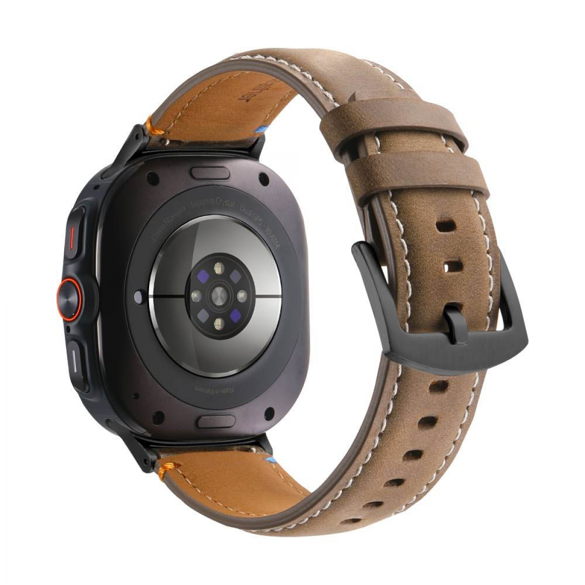 Eine Smartwatch mit braunem Lederarmband und schwarzer Hardware wird vor einem weißen Hintergrund gezeigt.