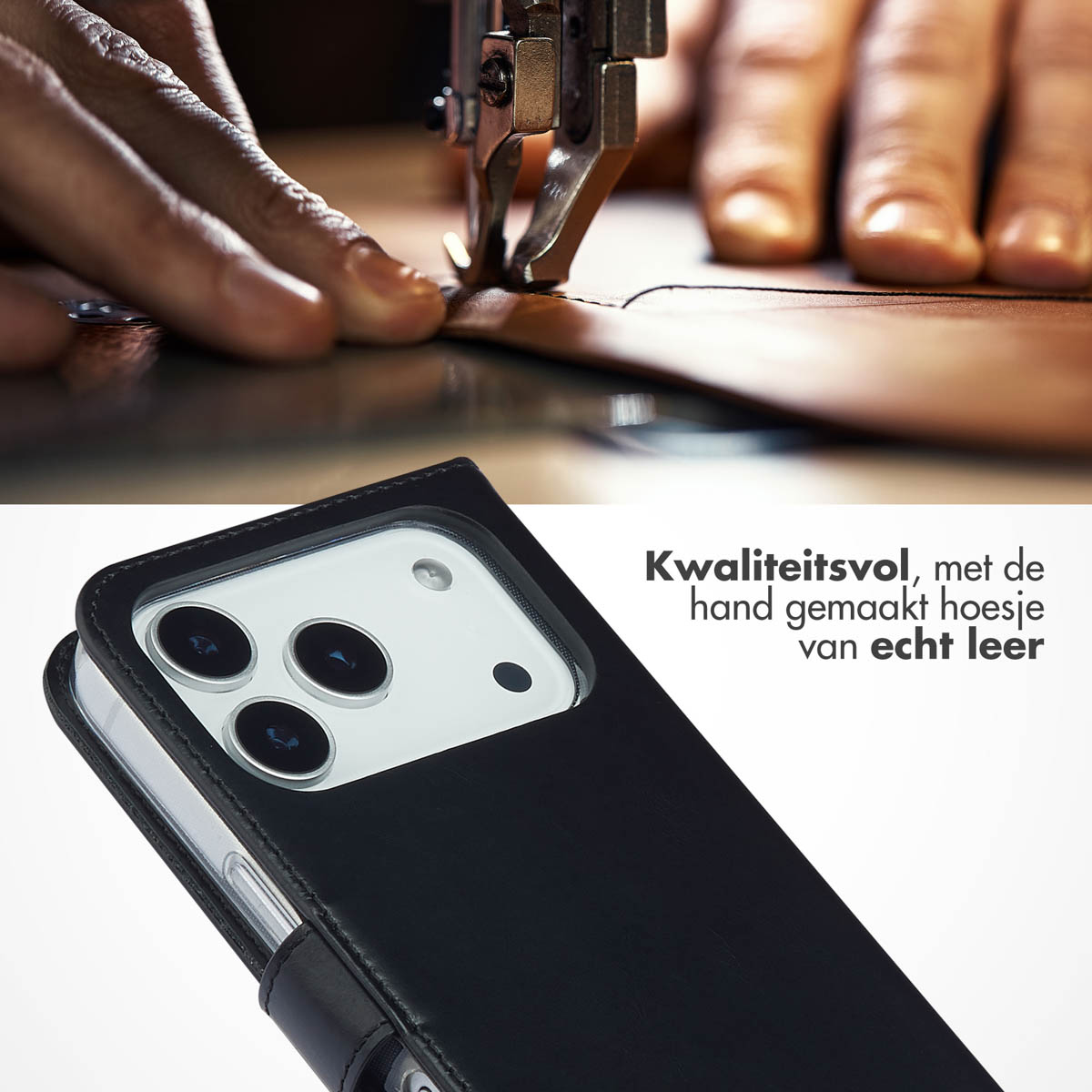 Een smartphone in een zwarte leren portemonneehoes wordt getoond met tekstoverlay en een naaimachine op de achtergrond.