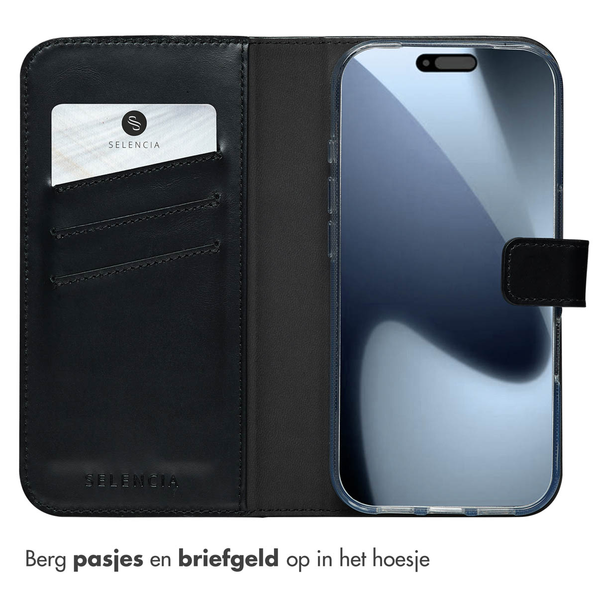 Een zwarte leren portemonneehoes voor een smartphone is open, waardoor kaartsleuven en de telefoon binnenin zichtbaar worden.