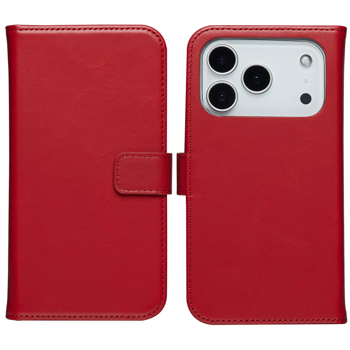 Een rode leren portemonneehoes voor een smartphone is open, met de telefoon aan de rechterkant en de portemonnee aan de linkerkant.