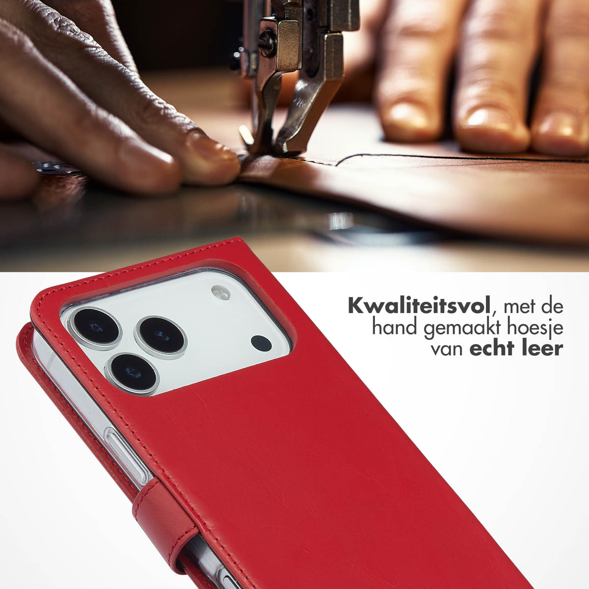 Rode leren telefoonhoes, naaimachine op de achtergrond. Focus op textuur en vakmanschap.