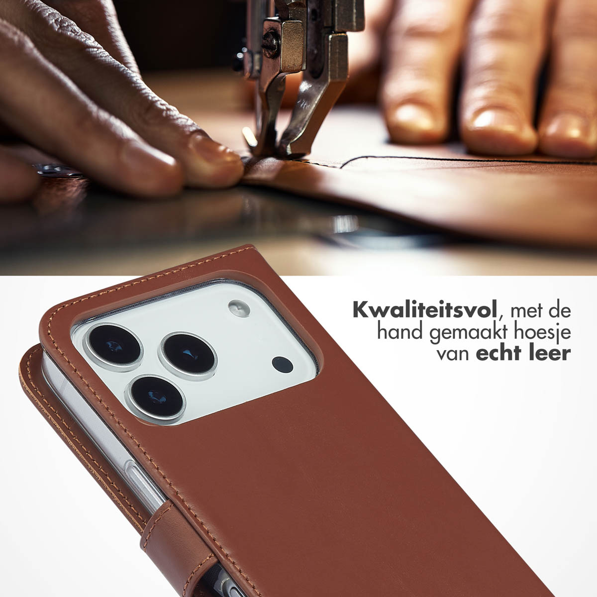 Une personne cousant du cuir. Un étui de téléphone marron est au premier plan, avec du texte en néerlandais.