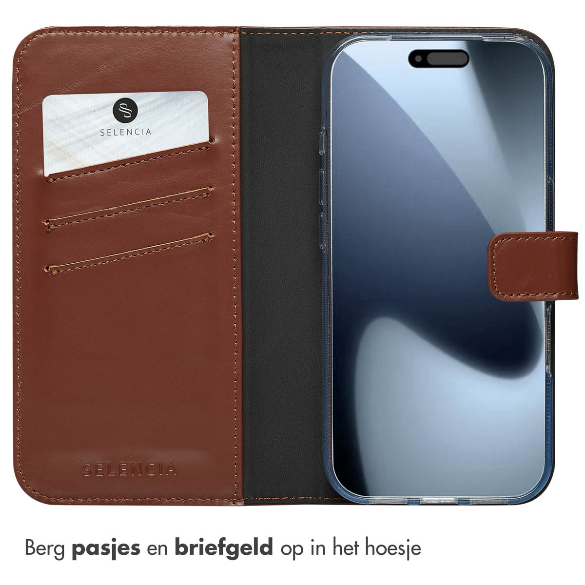 Étui portefeuille marron ouvert avec fentes pour cartes, tenant un téléphone avec un étui transparent et une fermeture magnétique marron.