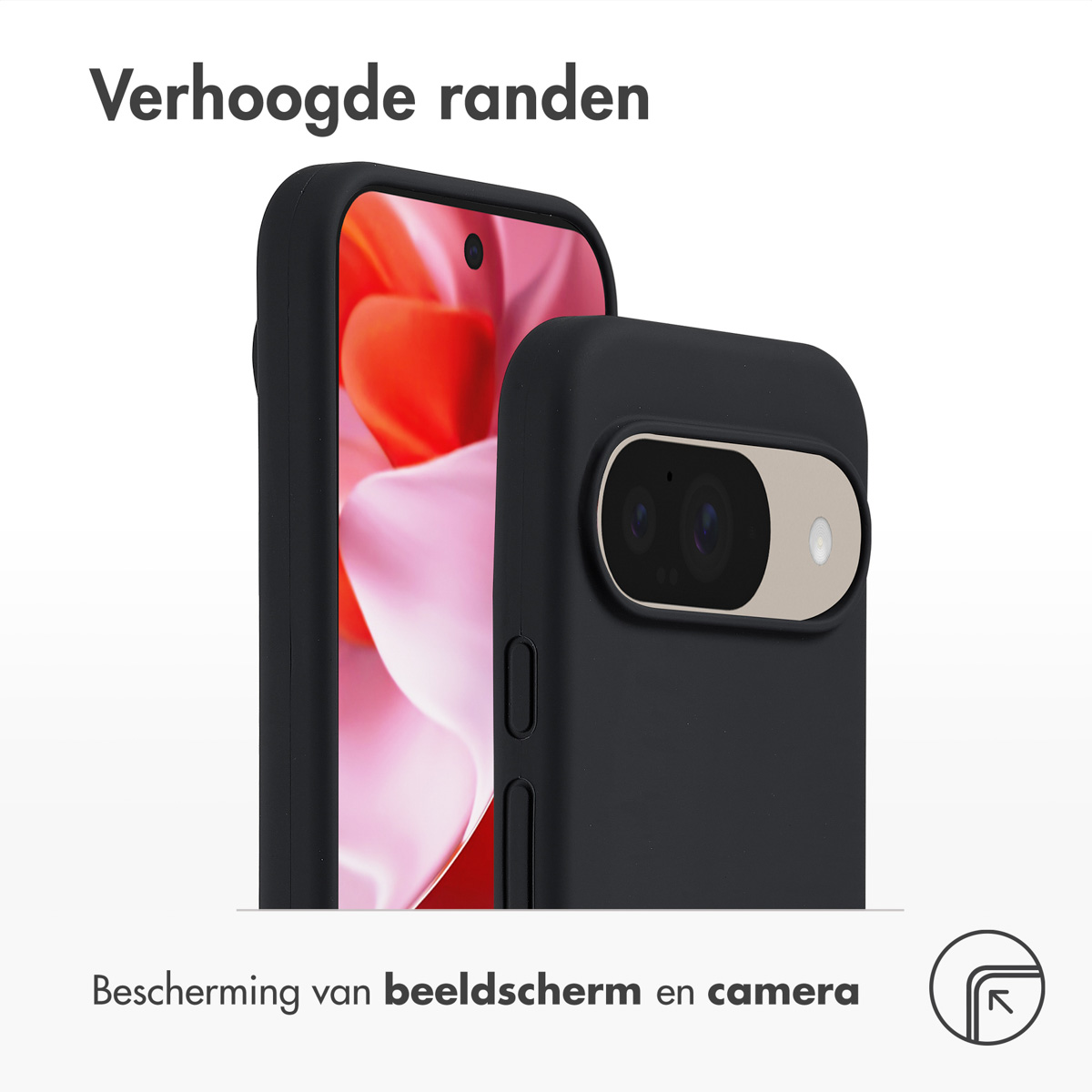 Una custodia nera per telefono con bordi rialzati protegge lo schermo e l'obiettivo della fotocamera di uno smartphone.