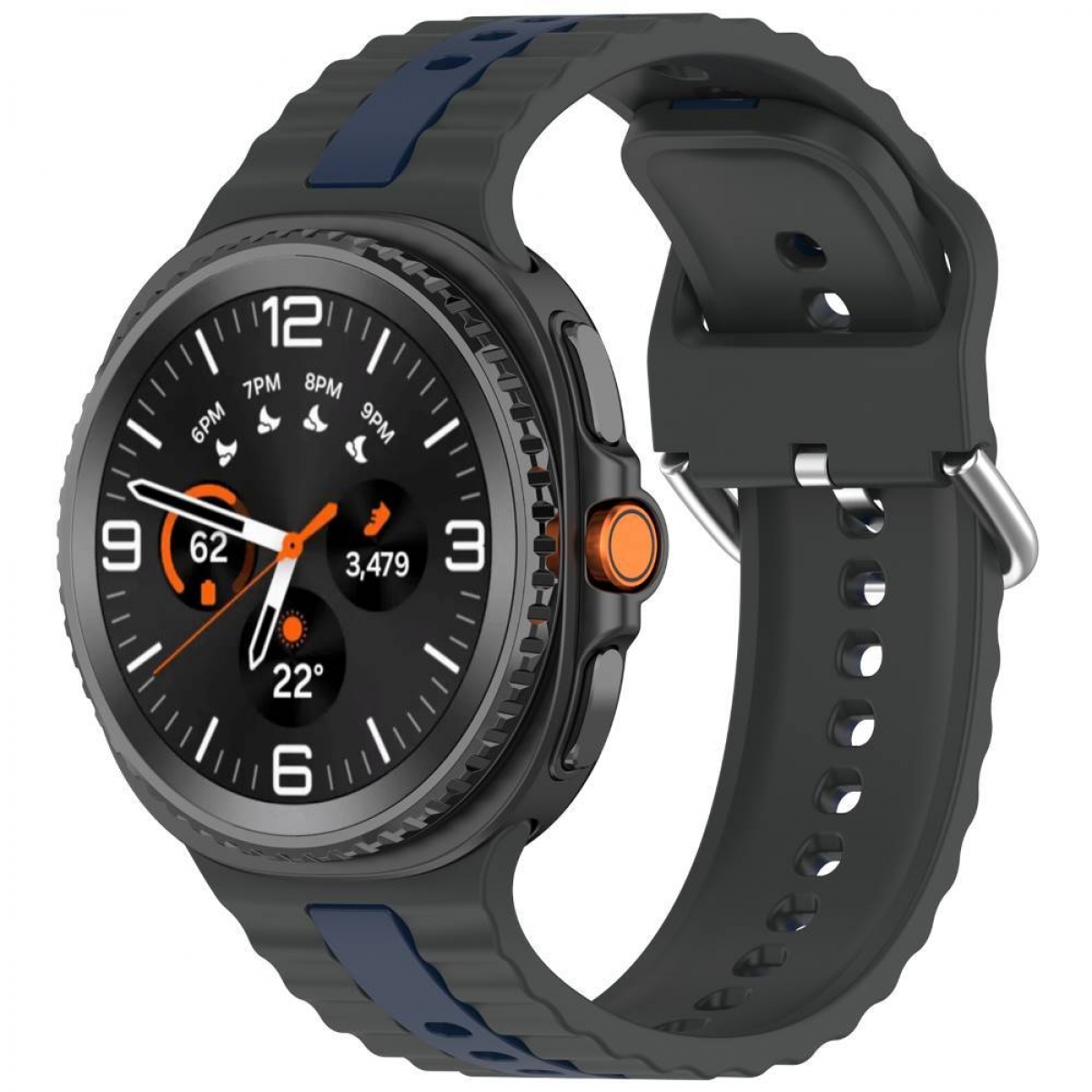 Eine Smartwatch mit einem grauen und blauen Armband zeigt ein analoges Zifferblatt mit digitalen Statistiken an.