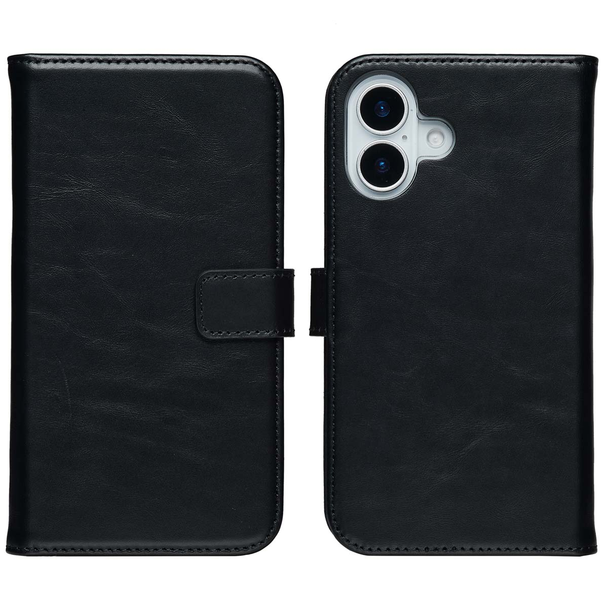 Un étui portefeuille en cuir noir pour un téléphone est ouvert, montrant à la fois la couverture et le côté du téléphone.