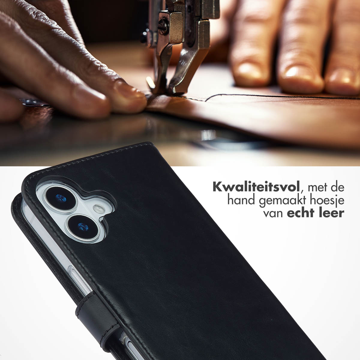 Un étui portefeuille en cuir noir pour un téléphone en cours de fabrication artisanale.