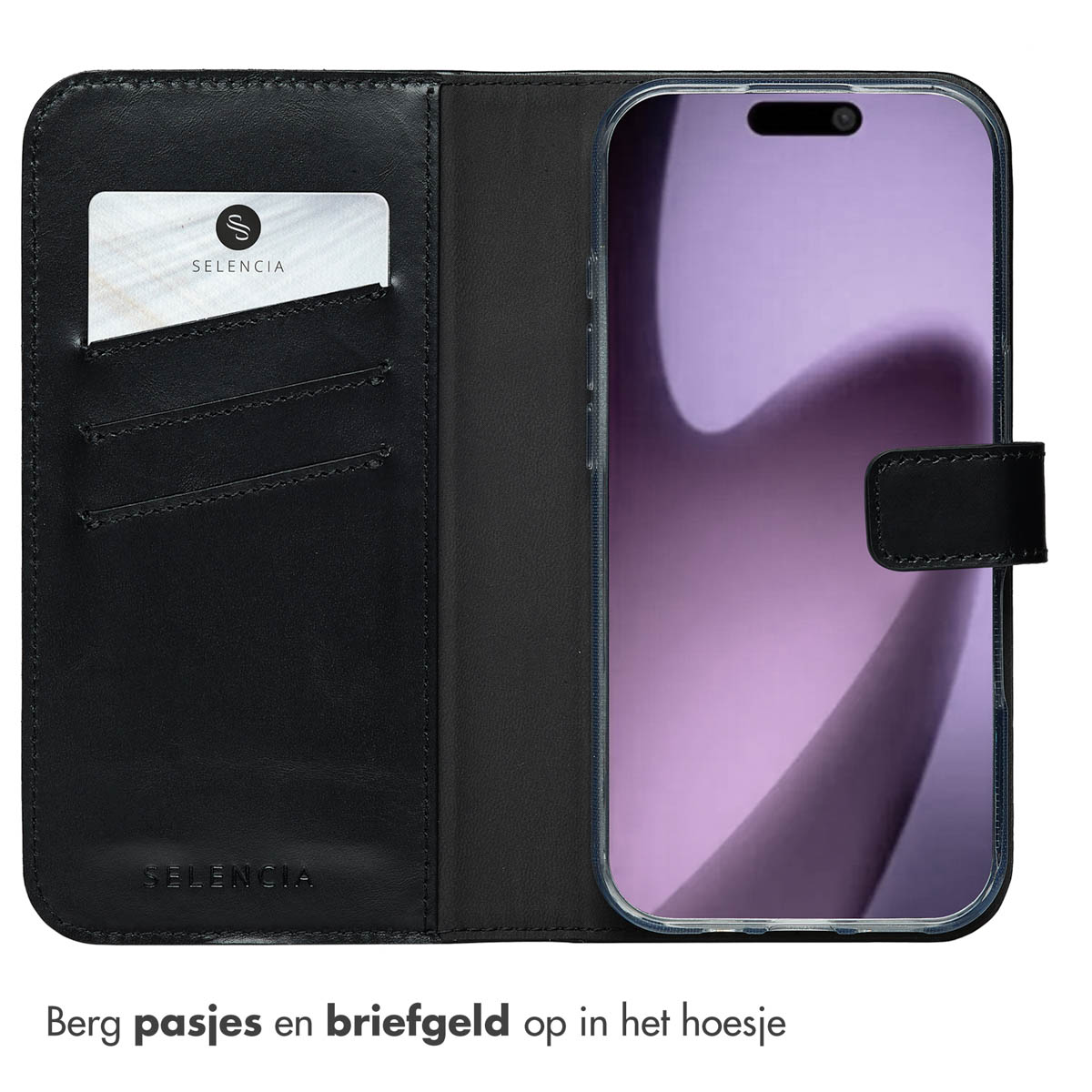 Un étui portefeuille en cuir noir pour un téléphone est ouvert, avec des fentes pour les cartes et une vue de l'écran du téléphone.