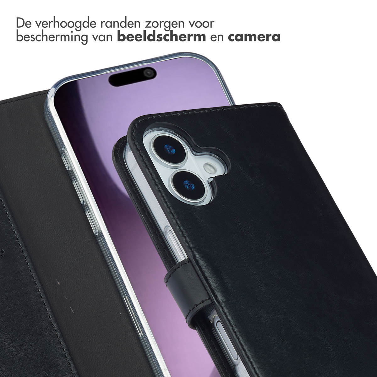 Un étui portefeuille en cuir noir pour un téléphone, avec une vue de la caméra et de l'écran du téléphone.