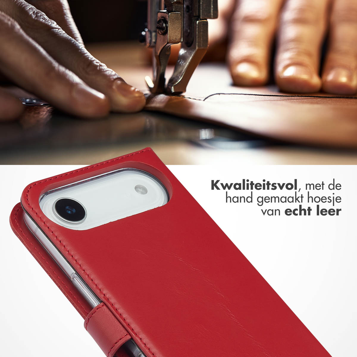 Een rode leren portemonneehoes voor een telefoon die met de hand wordt gemaakt.
