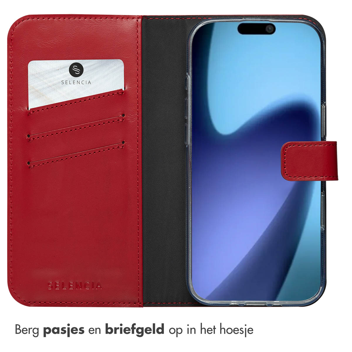 Een rode leren portemonneehoes voor een telefoon is open, met sleuven voor kaarten en een zicht op het telefoonscherm.
