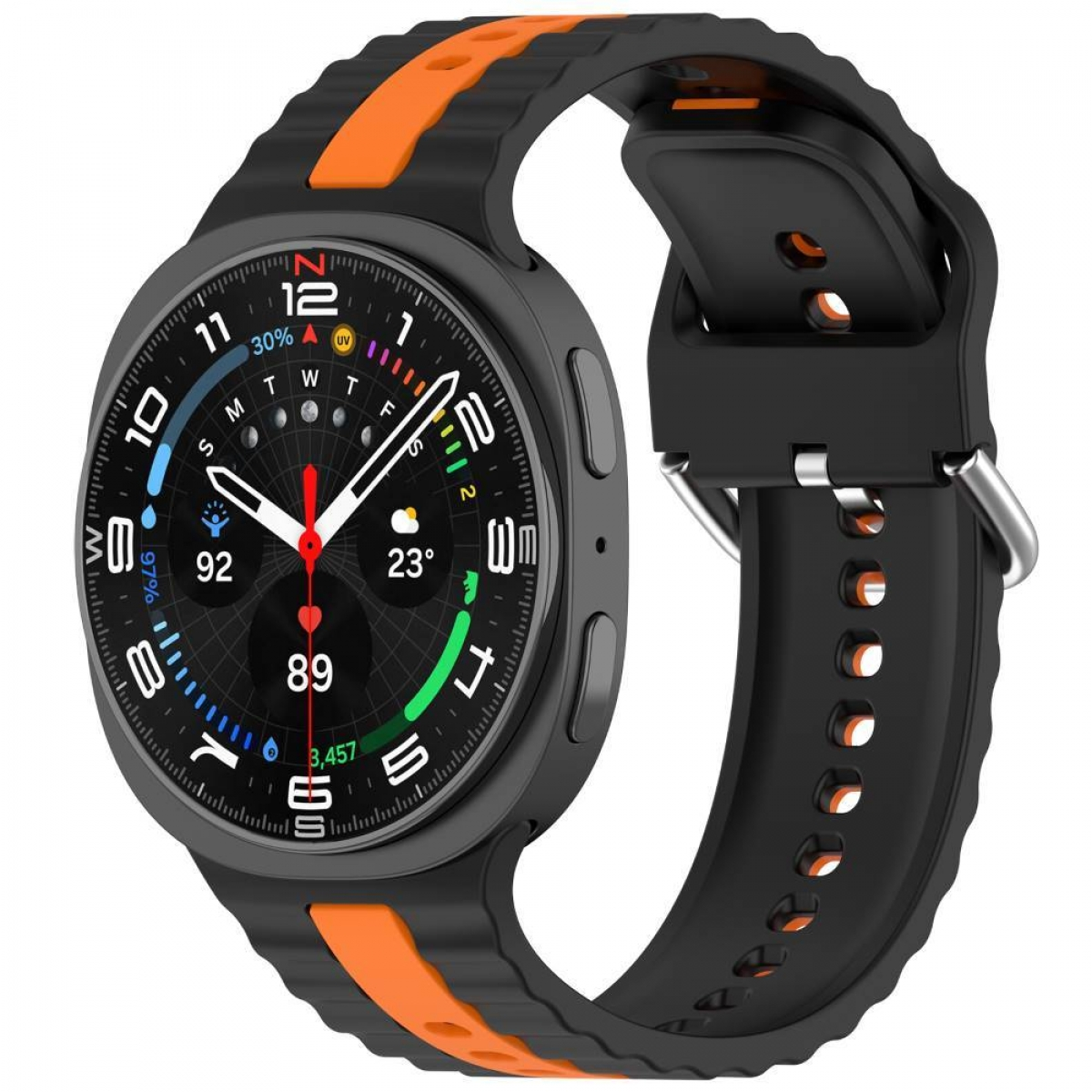 Eine Smartwatch mit einem schwarzen und orangefarbenen Armband zeigt ein analoges Zifferblatt mit digitalen Statistiken an.