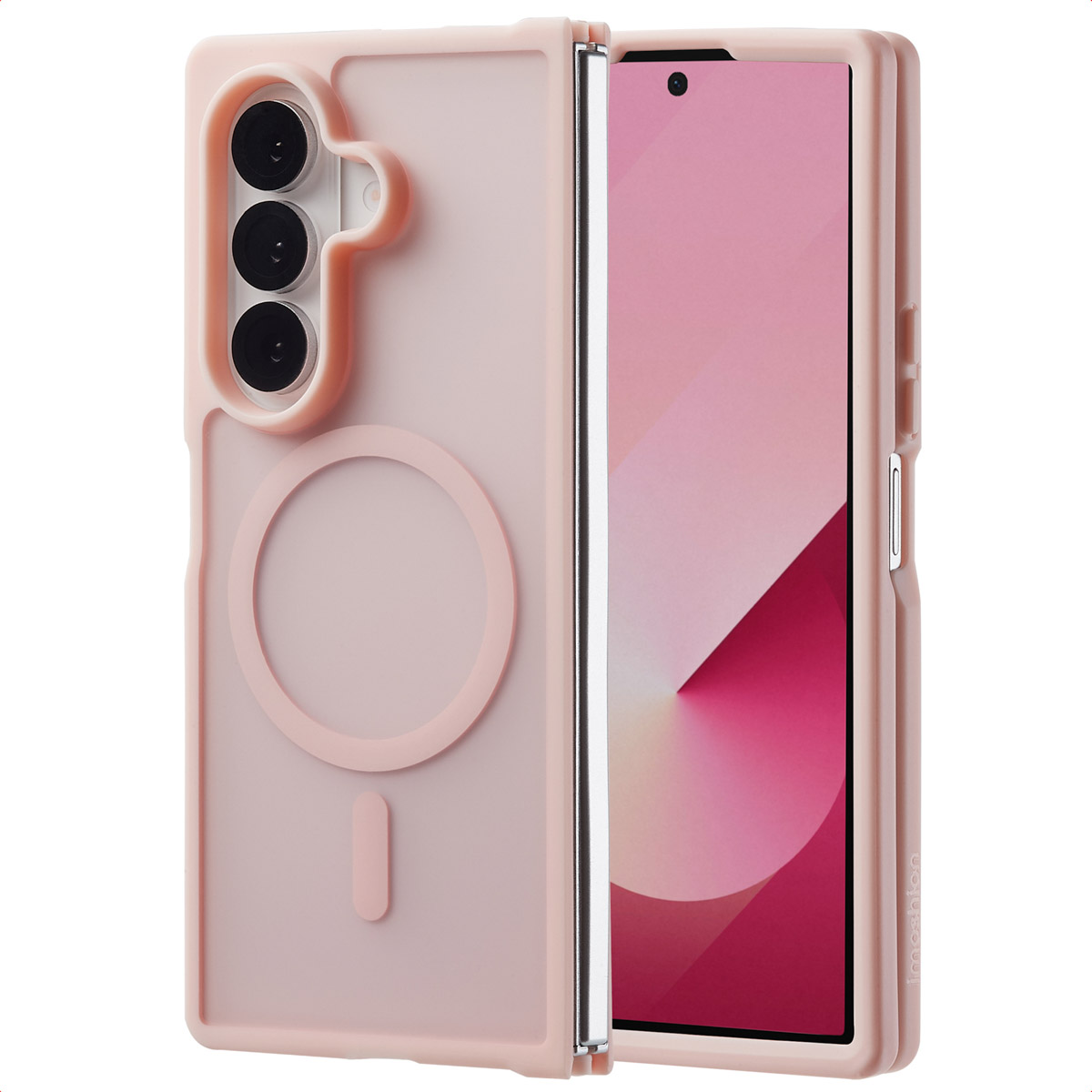 Roze telefoonhoesje met cirkel en drie cameralenzen, opengeklapt om een roze scherm te tonen.