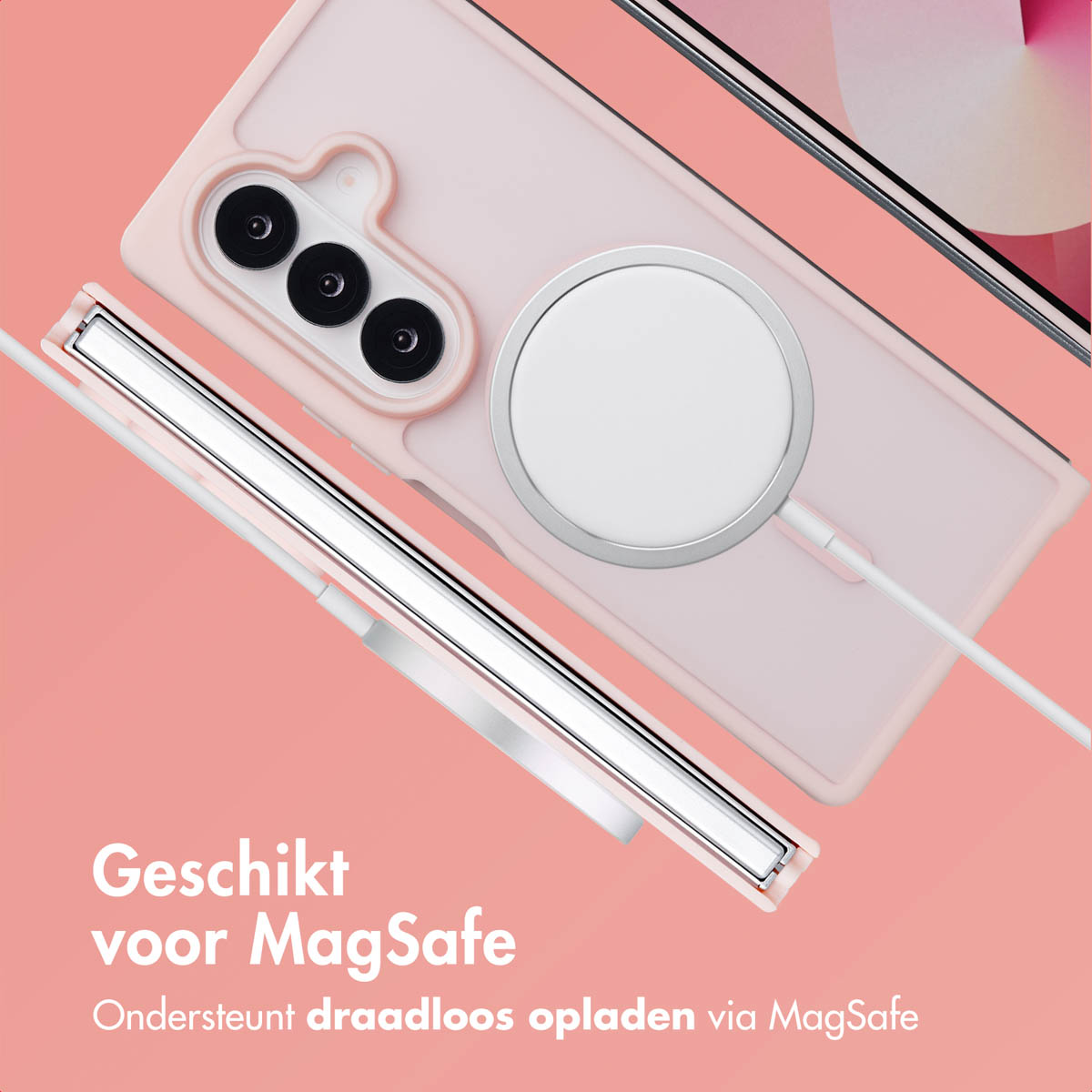 Een telefoonhoesje met een witte MagSafe-oplader, roze achtergrond en tekst 'MagSafe'.