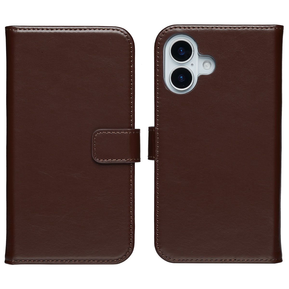 Bruin leren telefoonhoesje, opengeklapt, met een knoopsluiting, toont een telefoon aan de rechterkant.