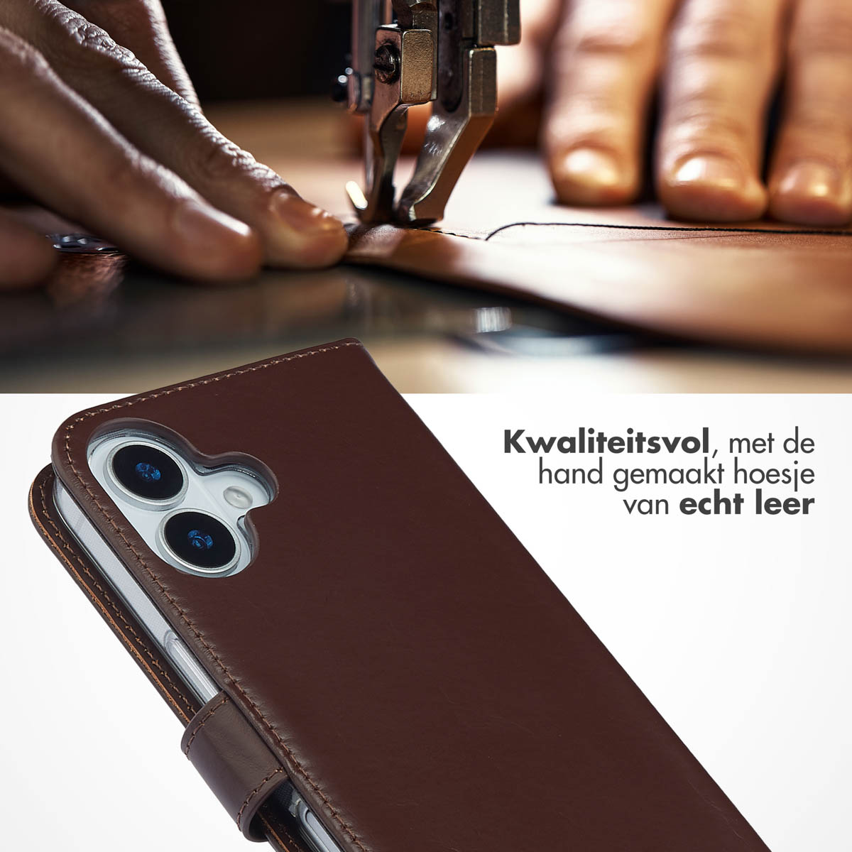 Leren telefoonhoesje wordt genaaid, met de tekst 'Kwaliteit, handgemaakt leren hoesje' zichtbaar.