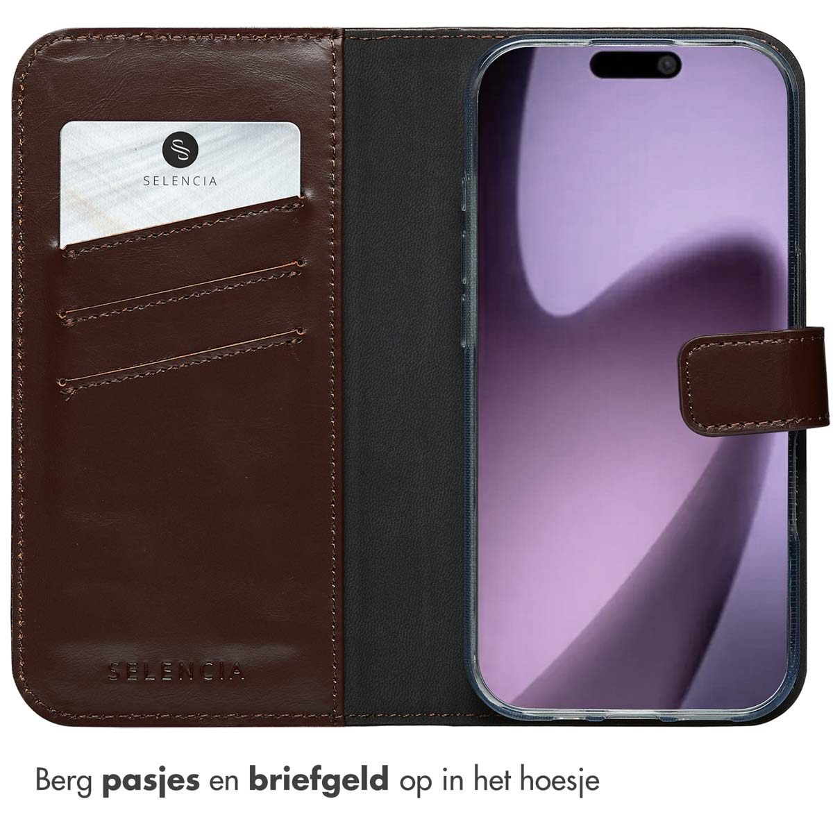 Bruin leren telefoonhoesje open, met vakken voor kaarten en een telefoon met tekst erin.