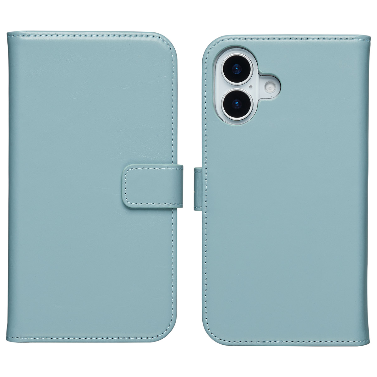 Lichtblauw leren telefoonhoesje, opengeklapt, met een telefoon aan de rechterkant, met een knoopsluiting.
