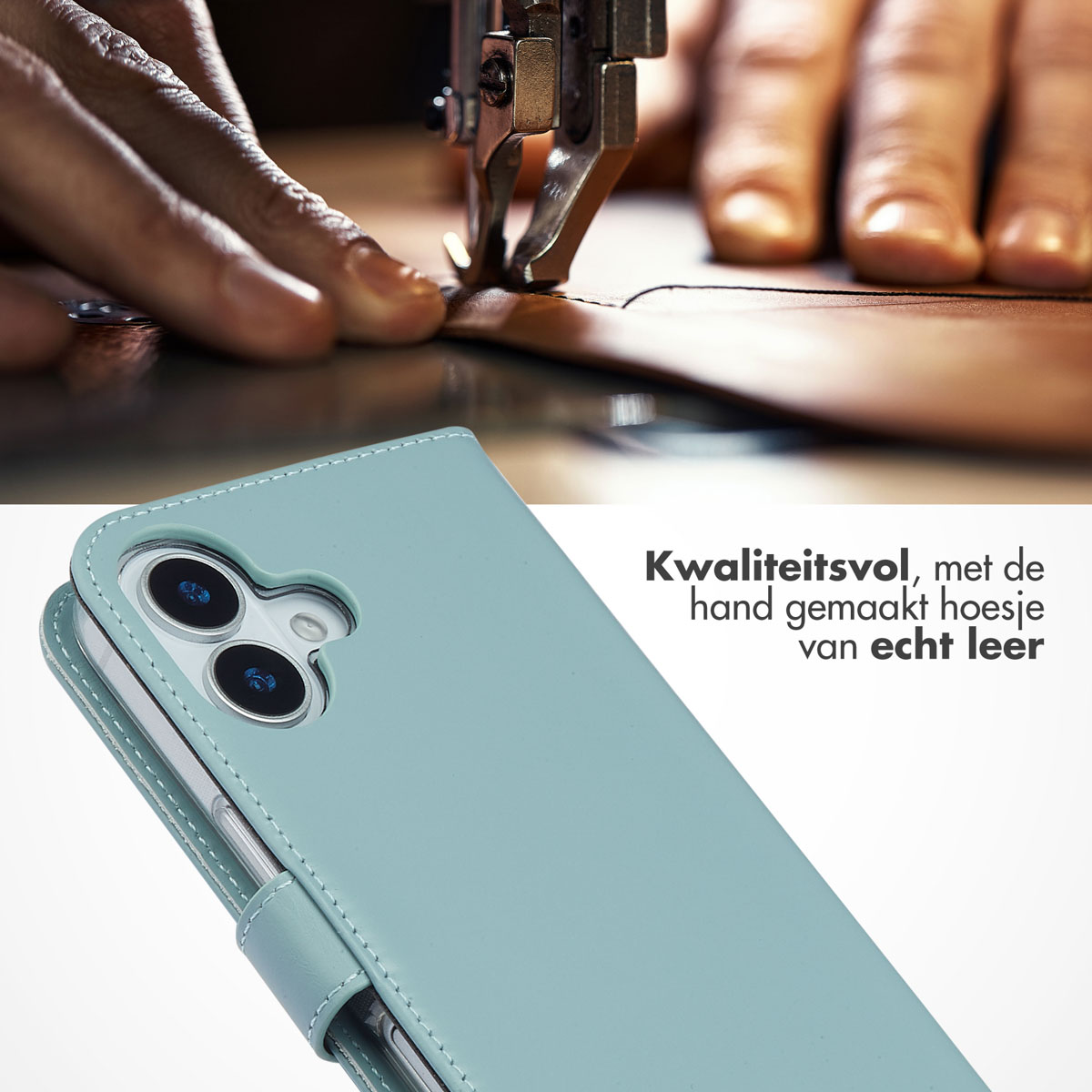 Lichtblauw telefoonhoesje wordt genaaid, met tekst 'Kwaliteit, handgemaakt leren hoesje' en een naald.