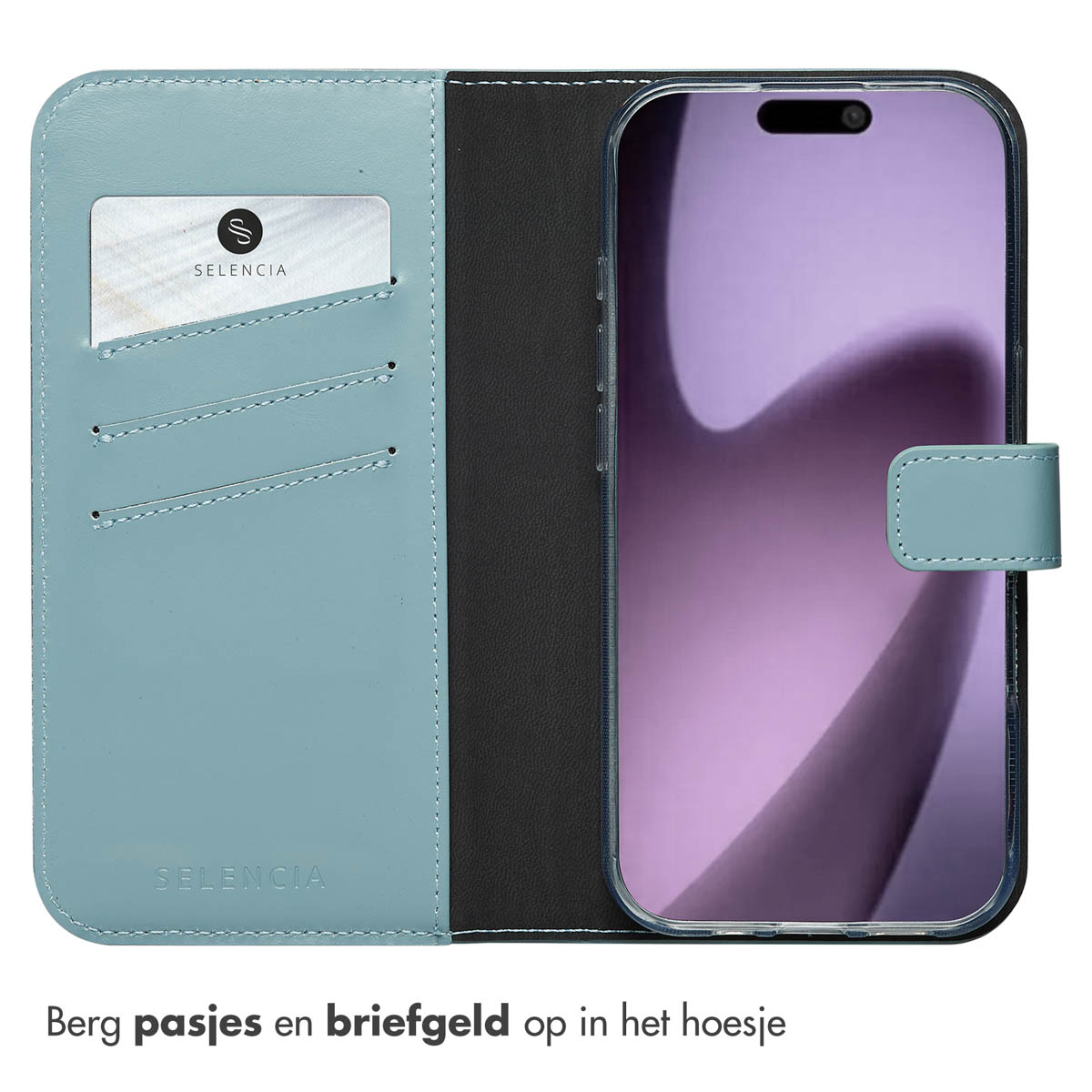 Een lichtblauwe telefoonhoes open, met een kaart en telefoon erin.